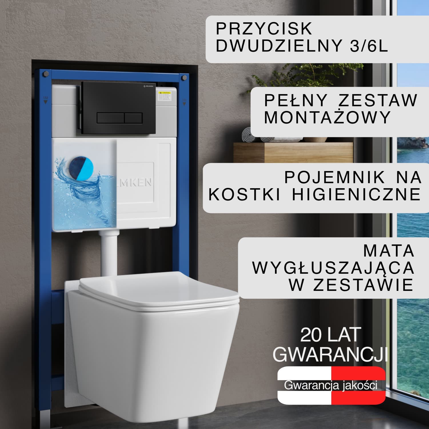 Stelaż podtynkowy WC Helmken 35120001 Zestaw 6w1: Czarny Mat Przycisk (HD), Miska bezkołnierzowa Rimless, Deska wolnoopadająca, Pojemnik na kostki higieniczne, Mata