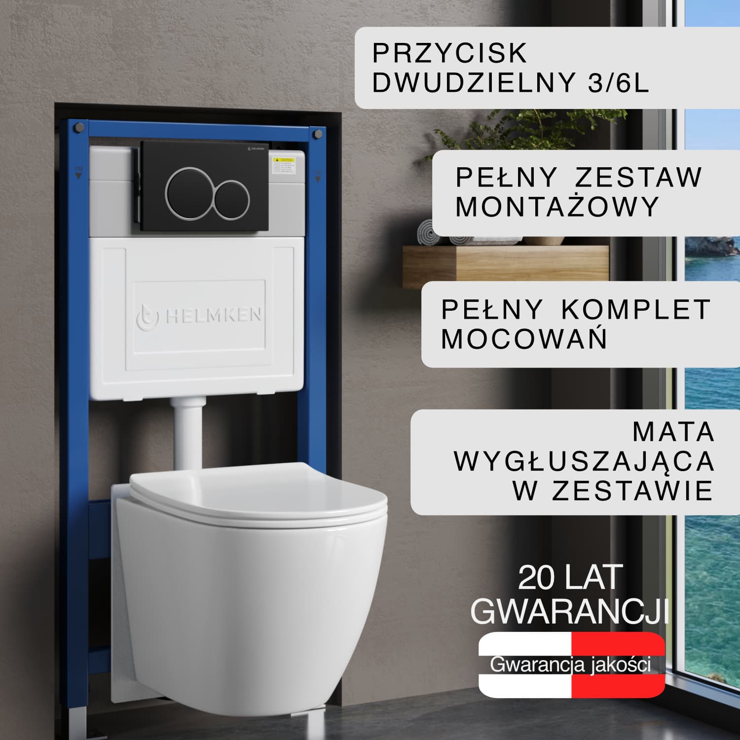Zestaw podtynkowy WC Helmken 5w1: Przycisk Czarny Mat (E), Miska bezkołnierzowa Rimless 35490101, Deska wolnoopadająca, Mata