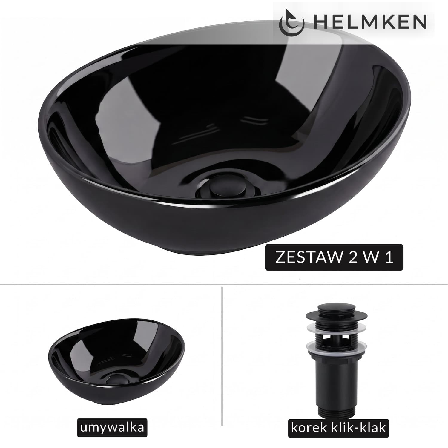 Umywalka nablatowa Helmken 65241001 (41x34) Czarna + Korek klik-klak Czarny Mat