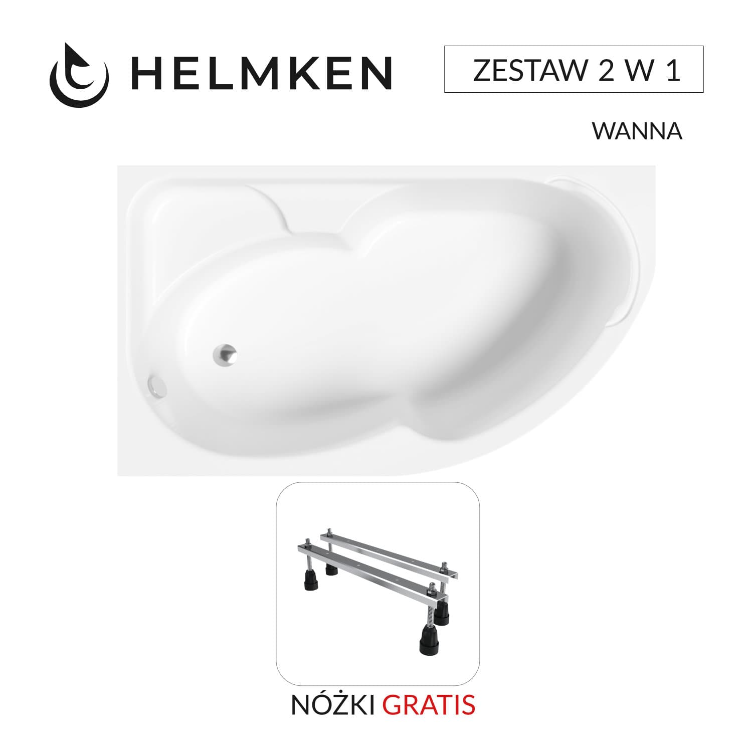 Wanna asymetryczna Helmken Geneva 170x105 Lewa z akrylu lanego Wzmocniona + Nóżki / 3503170L