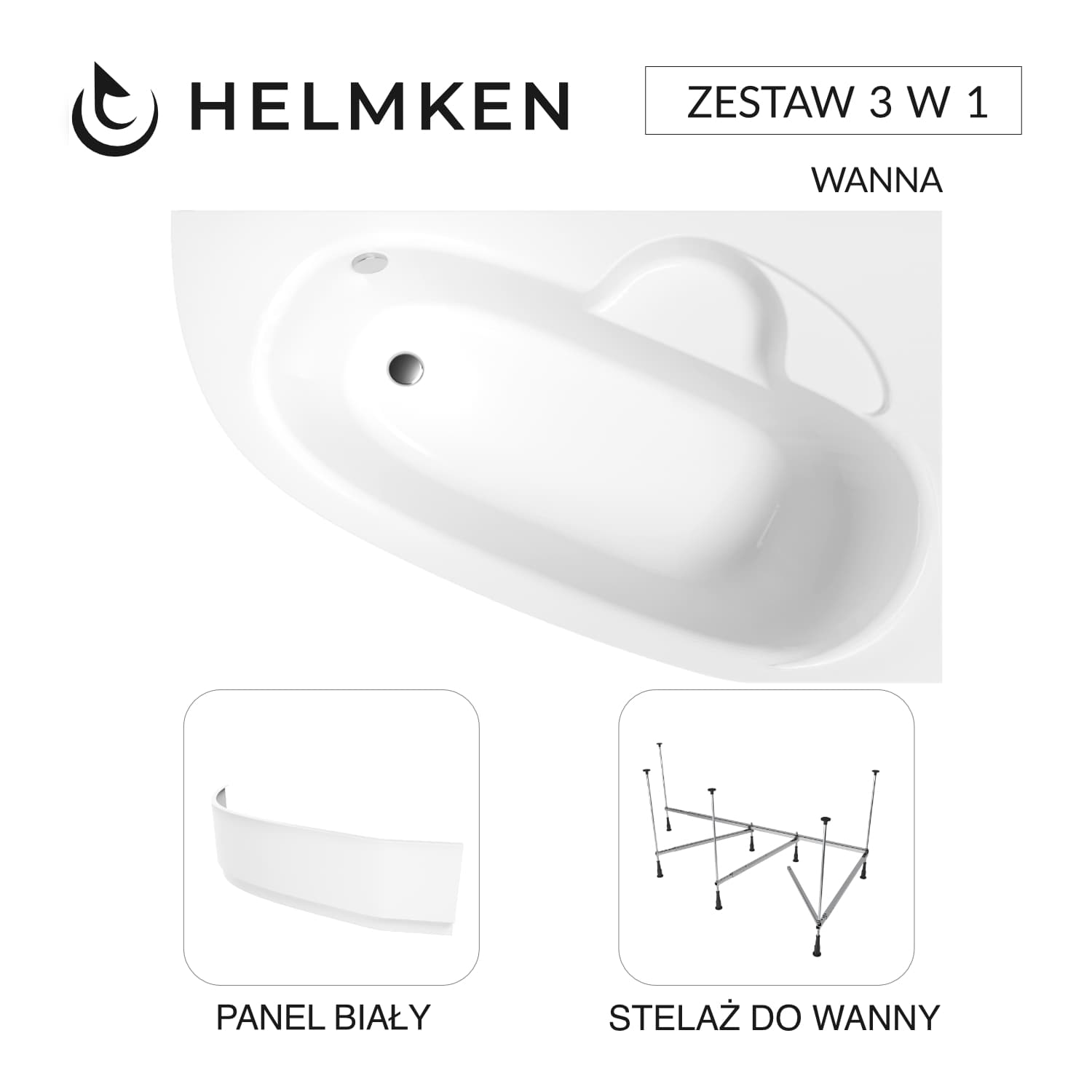 Wanna asymetryczna Helmken Valencia 140x95 Prawa + Panel Biały + Stelaż do wanny 21013-101 / 3502140R-3S