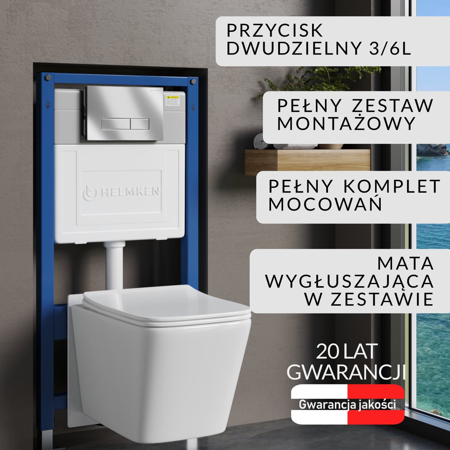 Zestaw podtynkowy WC Helmken 5w1: Stelaż, Przycisk Satуna HD, Miska bezkołnierzowa Rimless 35120001, Deska wolnoopadająca, Mata