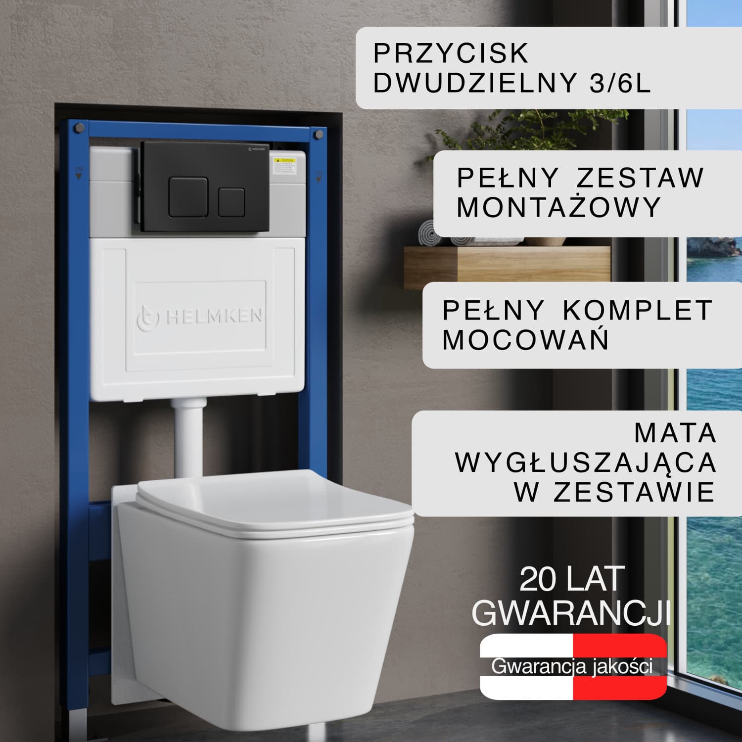 Zestaw podtynkowy WC Helmken 5w1: Przycisk Czarny Mat (F), Miska bezkołnierzowa Rimless 35120001, Deska wolnoopadająca, Mata
