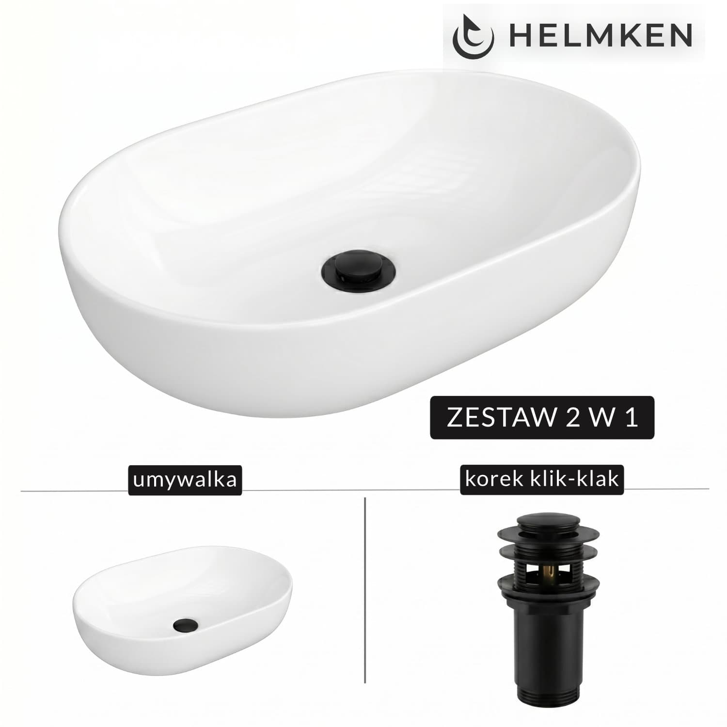 Umywalka nablatowa Helmken 83660000 (60x42.5) Biała + Korek klik-klak Czarny Mat