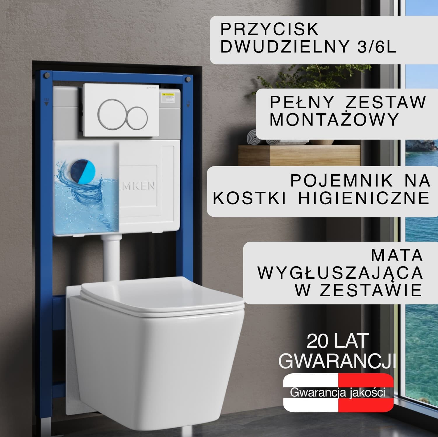 Stelaż podtynkowy WC Helmken 35120001 Zestaw 6w1: Miska bezkołnierzowa Rimless, Deska wolnoopadająca, Przycisk Biały (E), Pojemnik na kostki higieniczne, Mata