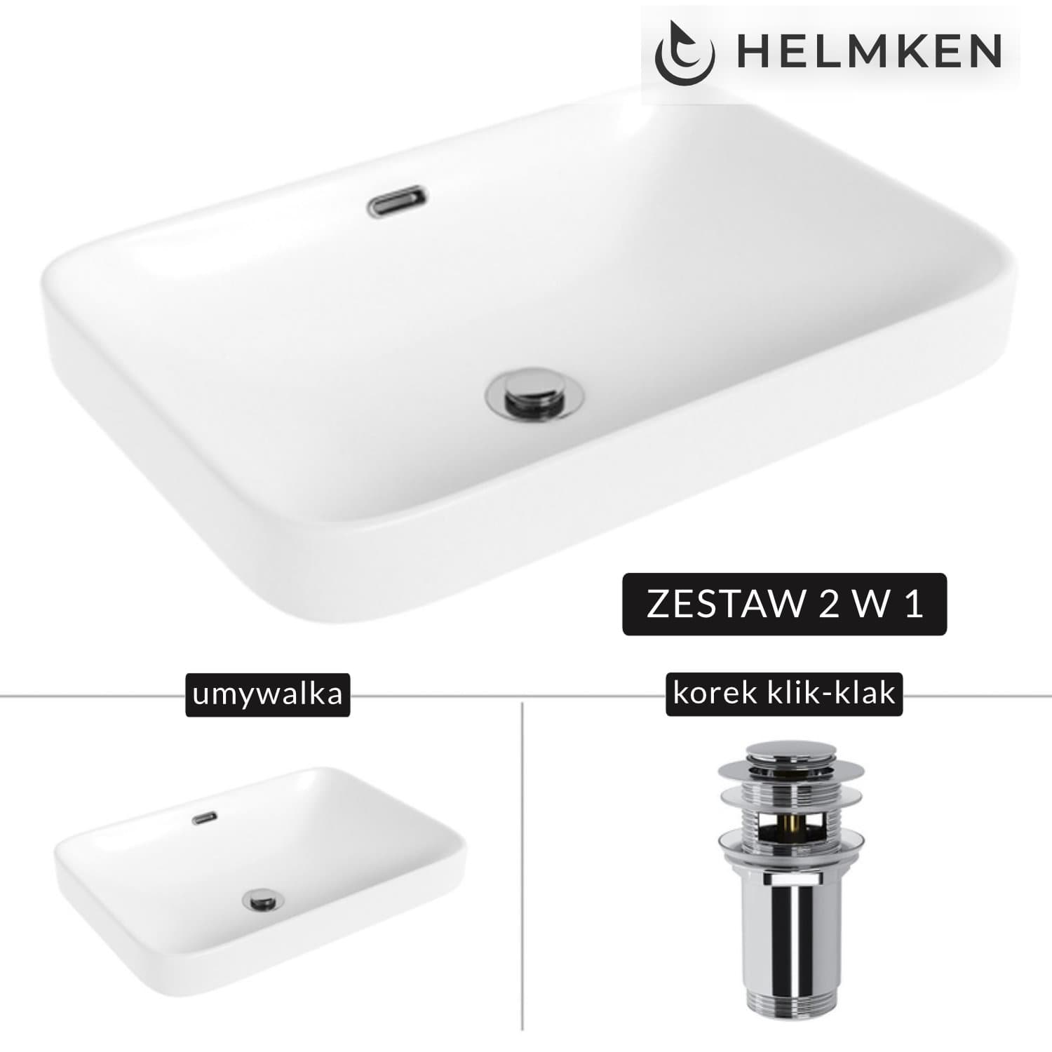 Umywalka nablatowa Helmken 441A52000 (52x36) Biała + Korek klik-klak Chrom