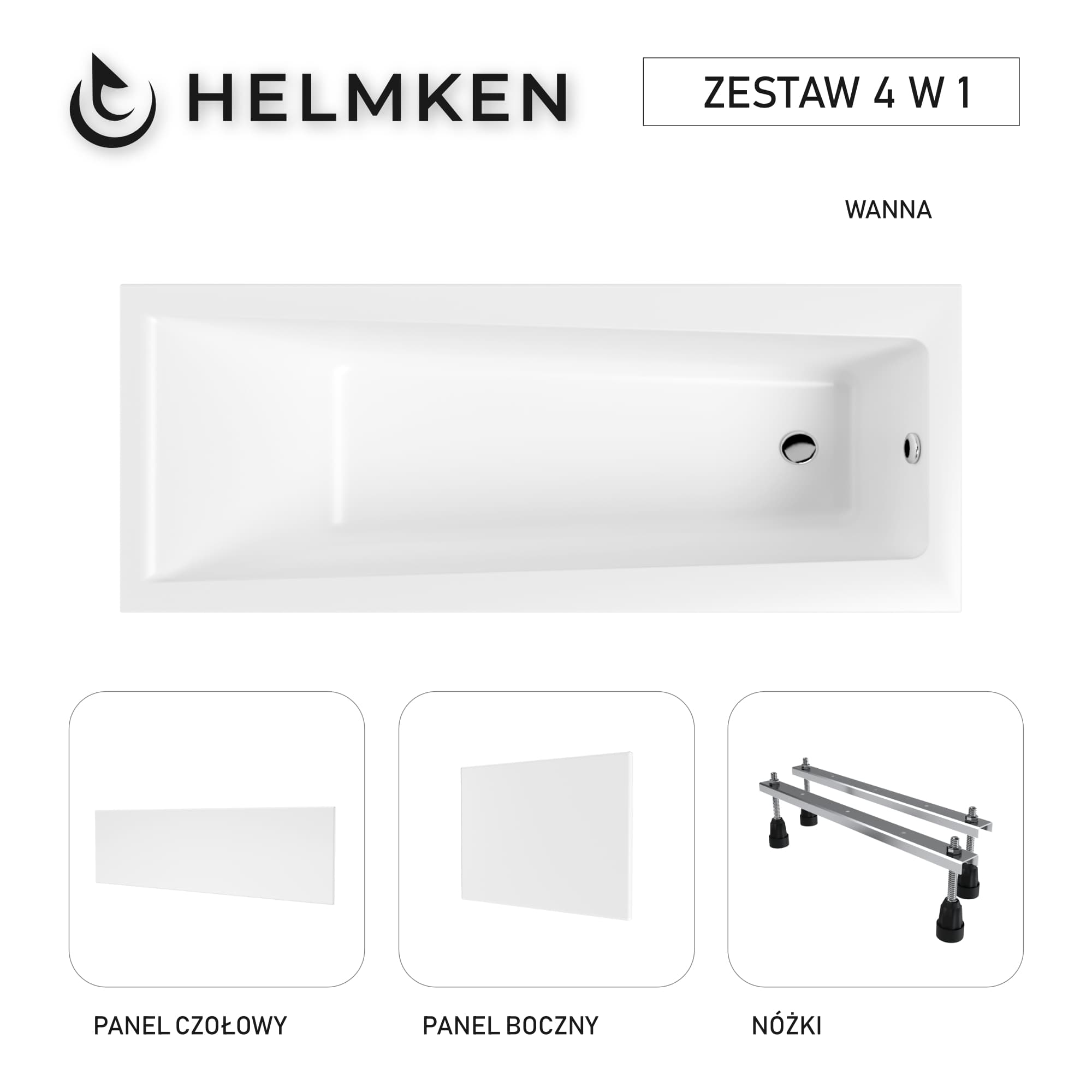 Wanna akrylowa Helmken Versailles 160x75 ze wzmocnionym korpusem + Panel czołowy i boczny Biały + Nóżki / 35070060ZW