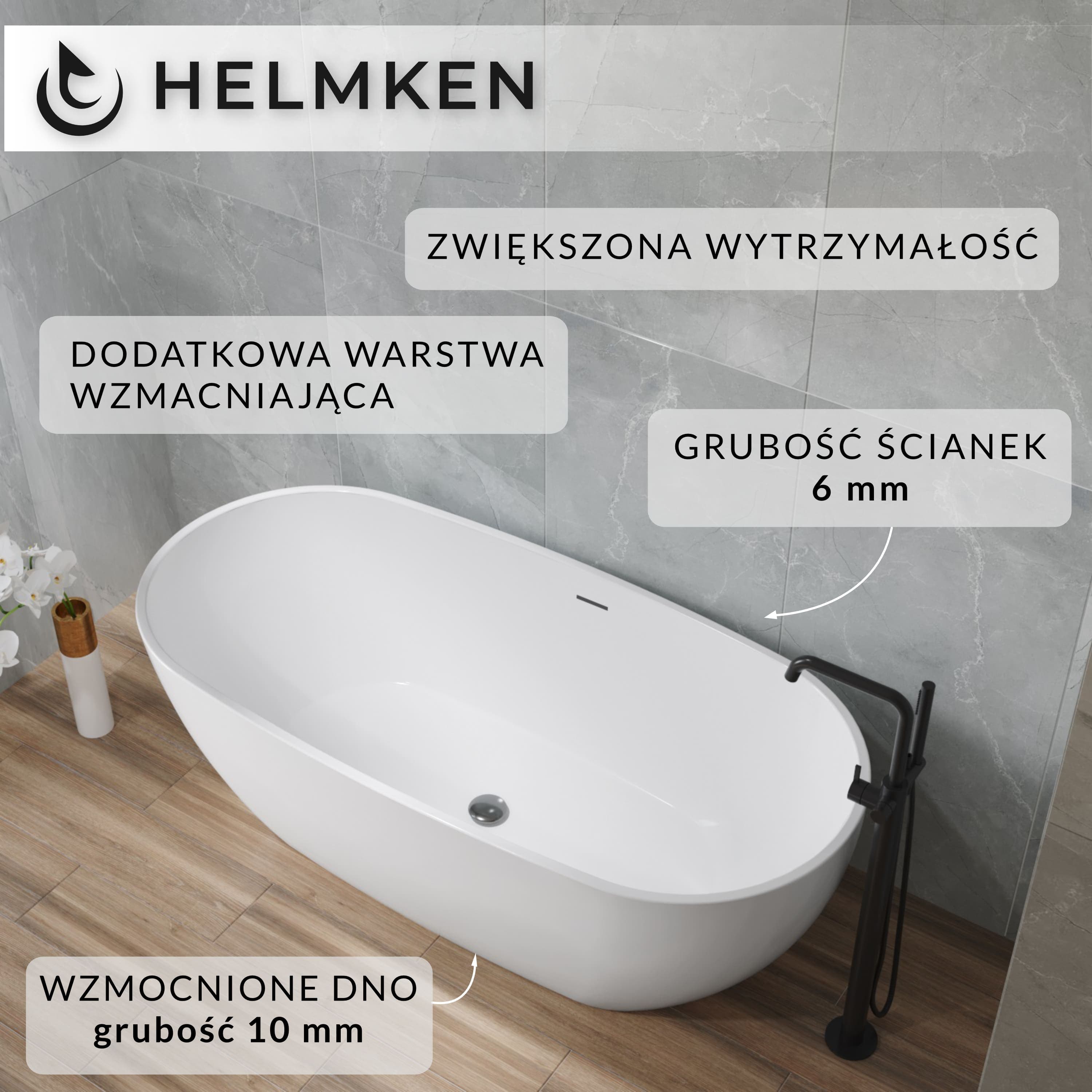 Wanna wolnostojąca akrylowa Helmken Lila 180 x 81.5 + Nóżki + Syfon z korkiem klik-klak / 31660280