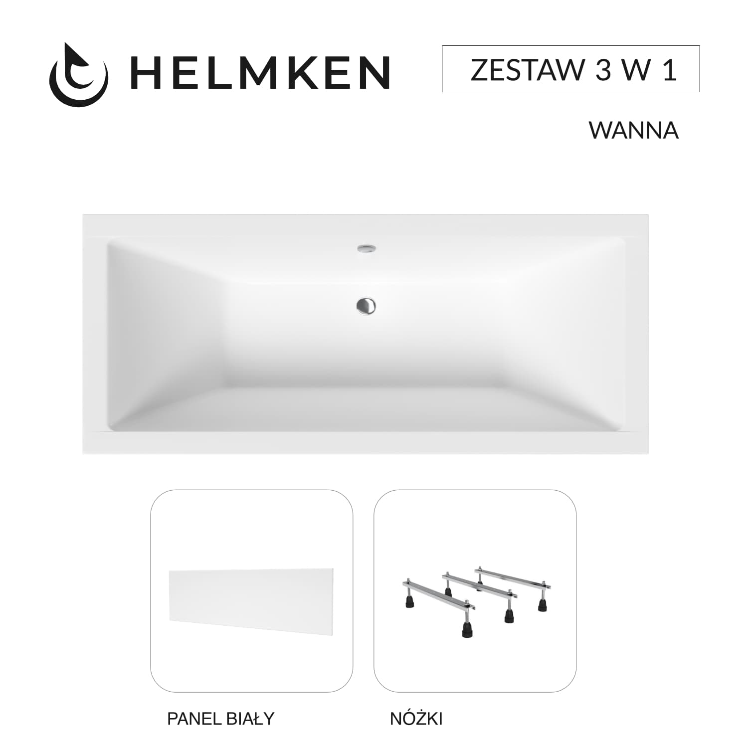 Wanna akrylowa Helmken Alvaro 170 x 75 + Panel biały + Nóżki / 23096003