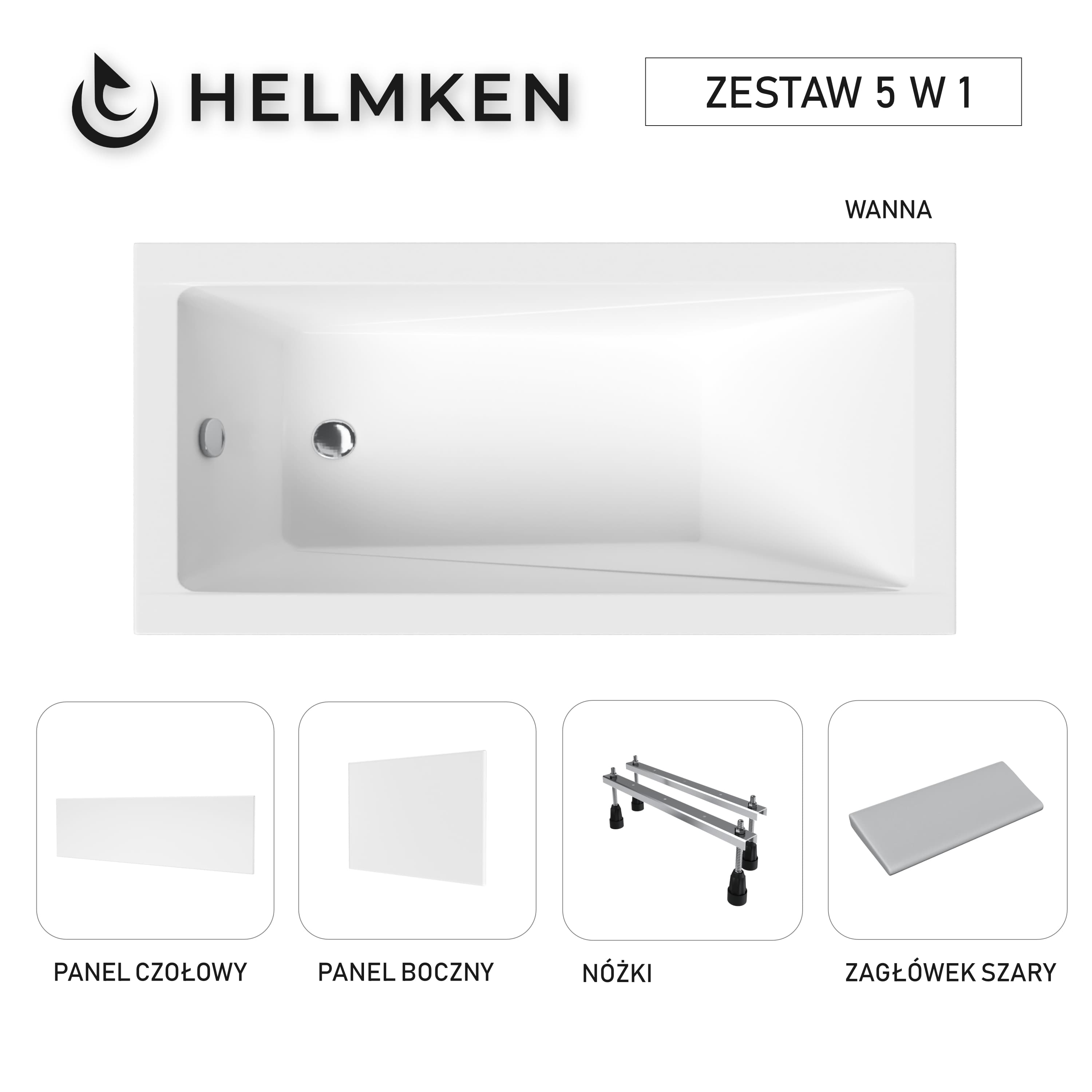 Wanna akrylowa Helmken Rivana 120 x 70 + Panel czołowy i boczny Biały + Zagłówek szary + Nóżki / 23095001ZW