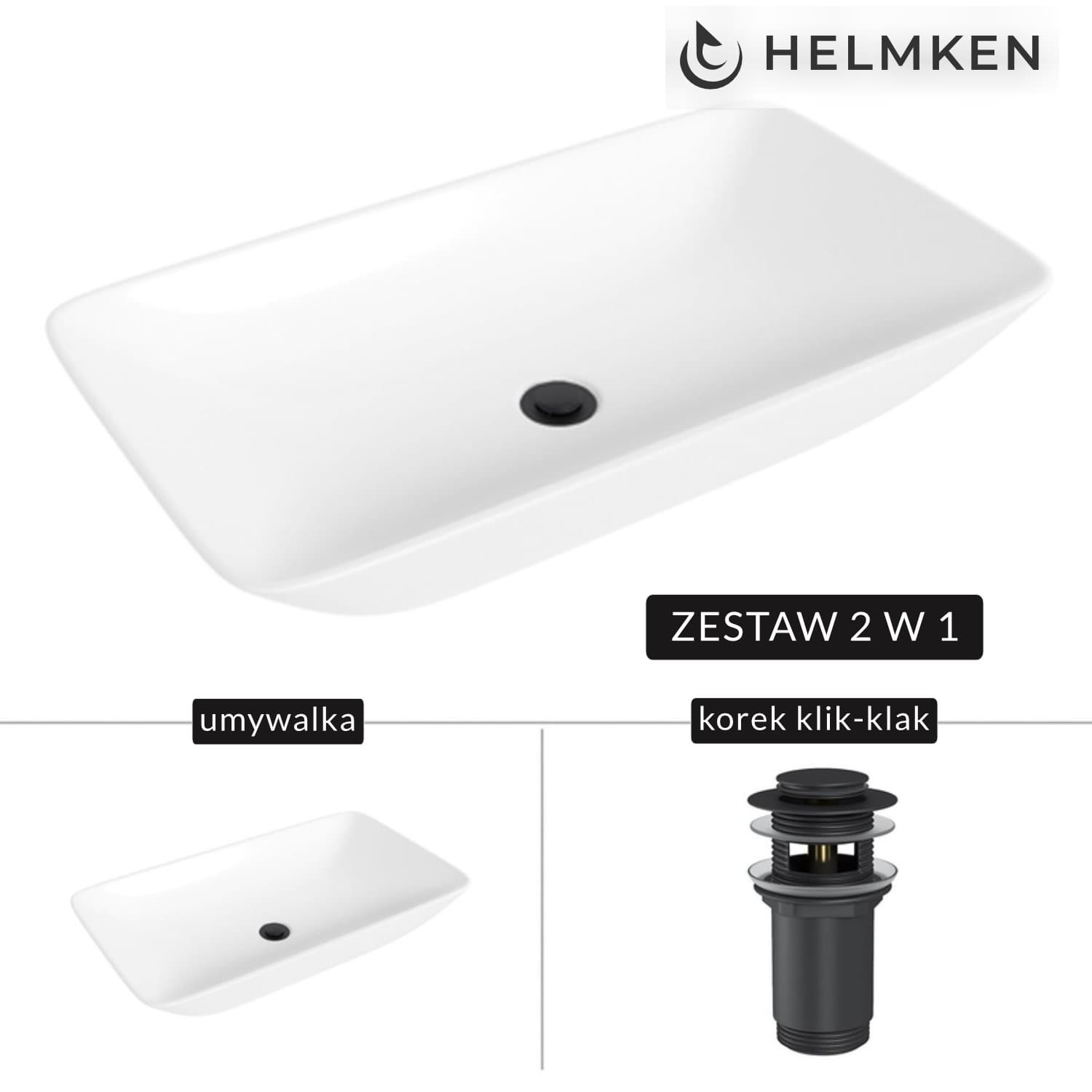 Umywalka nablatowa Helmken 88670000 (70x40) Biała + Korek klik-klak Czarny Mat
