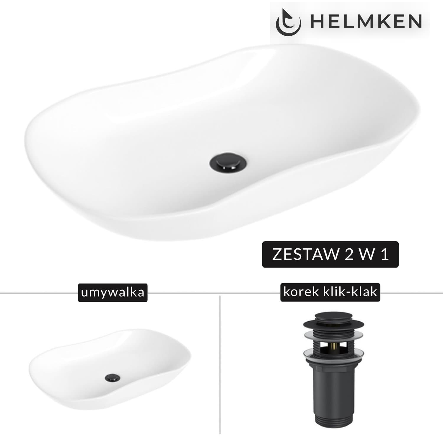 Umywalka nablatowa Helmken 57066000 (66x41) Biała + Korek klik-klak Czarny Mat