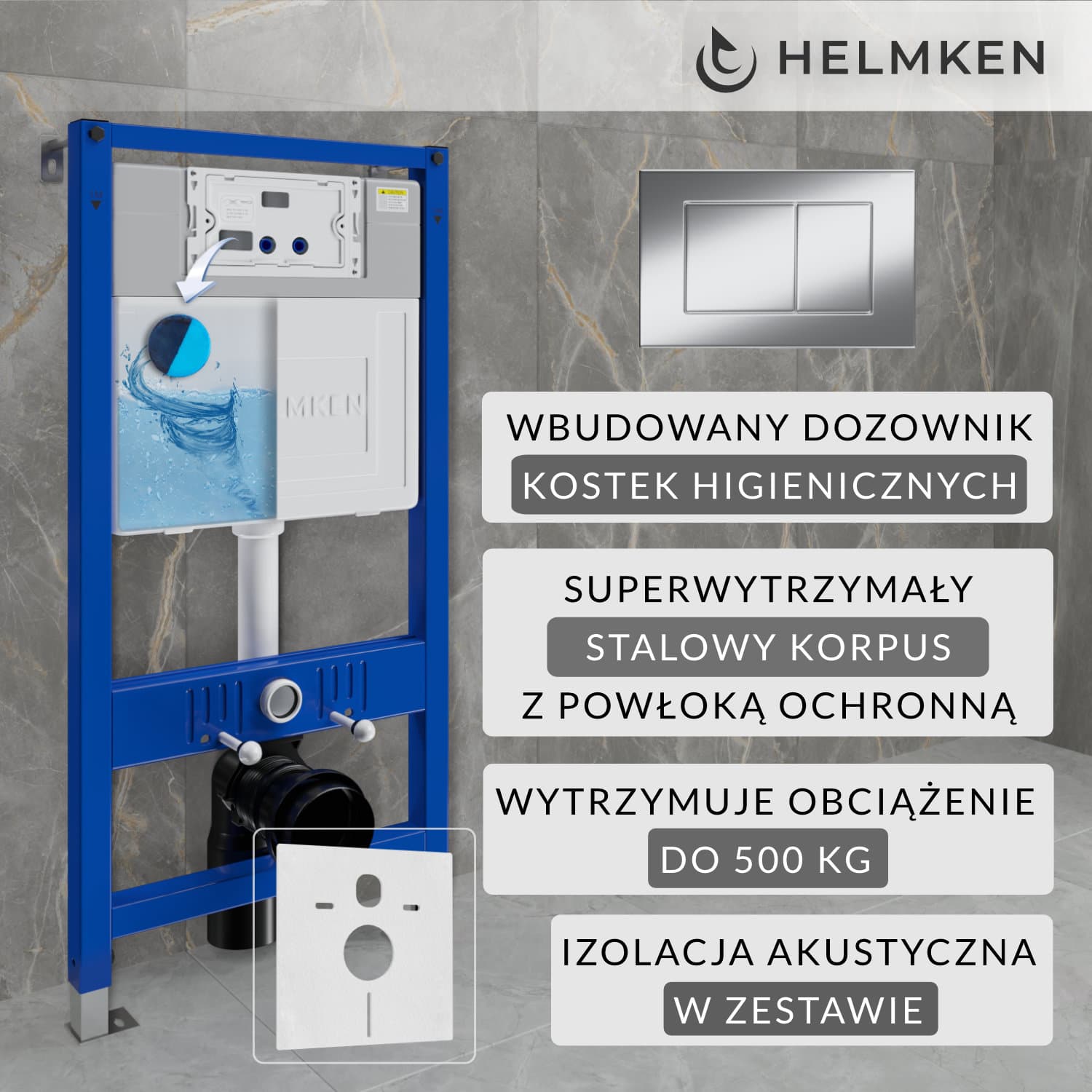 Stelaż podtynkowy WC Helmken Zestaw 4w1: Stelaż podtynkowy, Przycisk Chrom (J) , Pojemnik na kostki higieniczne, Mata wygłuszająca