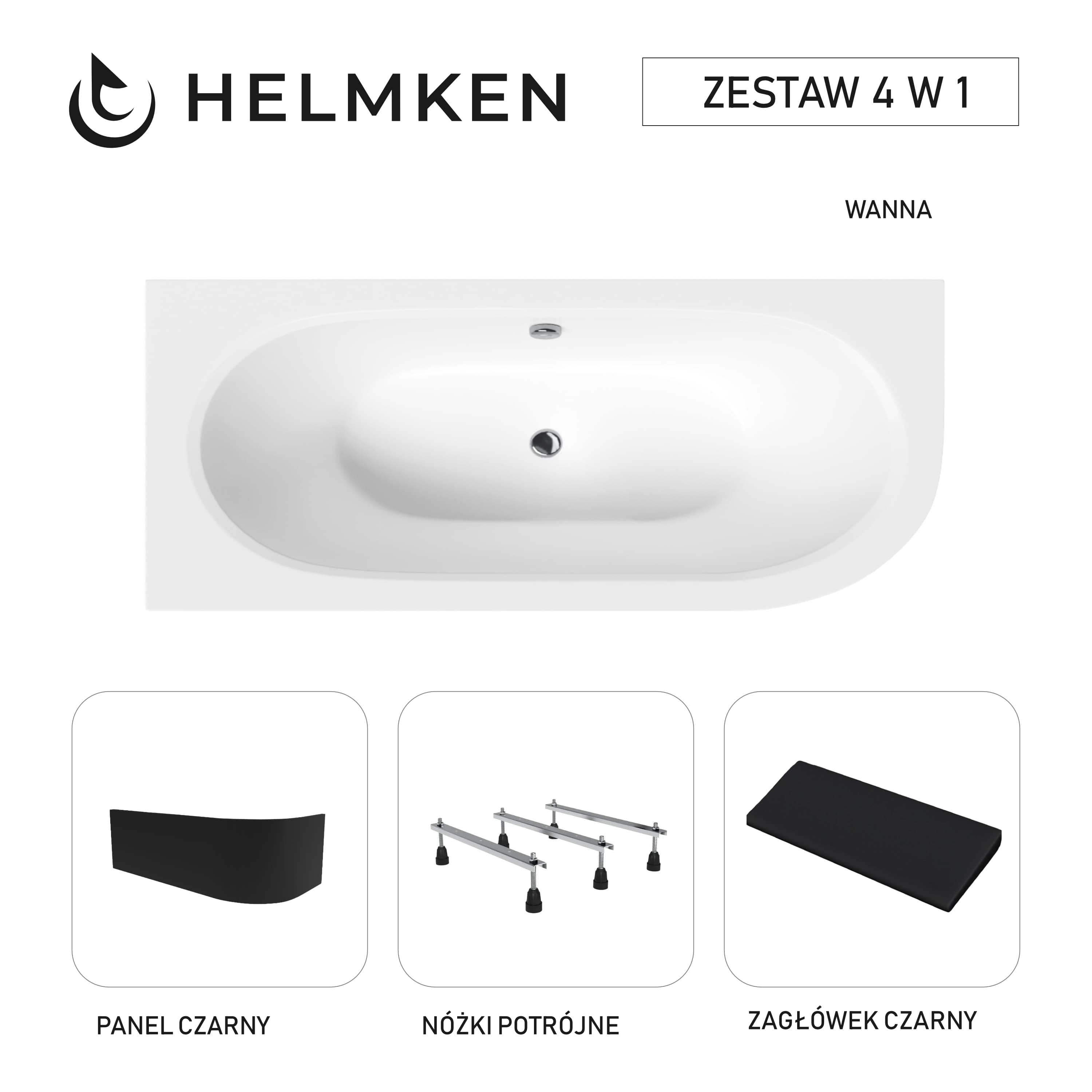 Wanna akrylowa Helmken Marbella Lux 160 x 75 Lewa + Panel czarny + Zagłówek czarny + Nóżki potrójne / 23092004ZWC