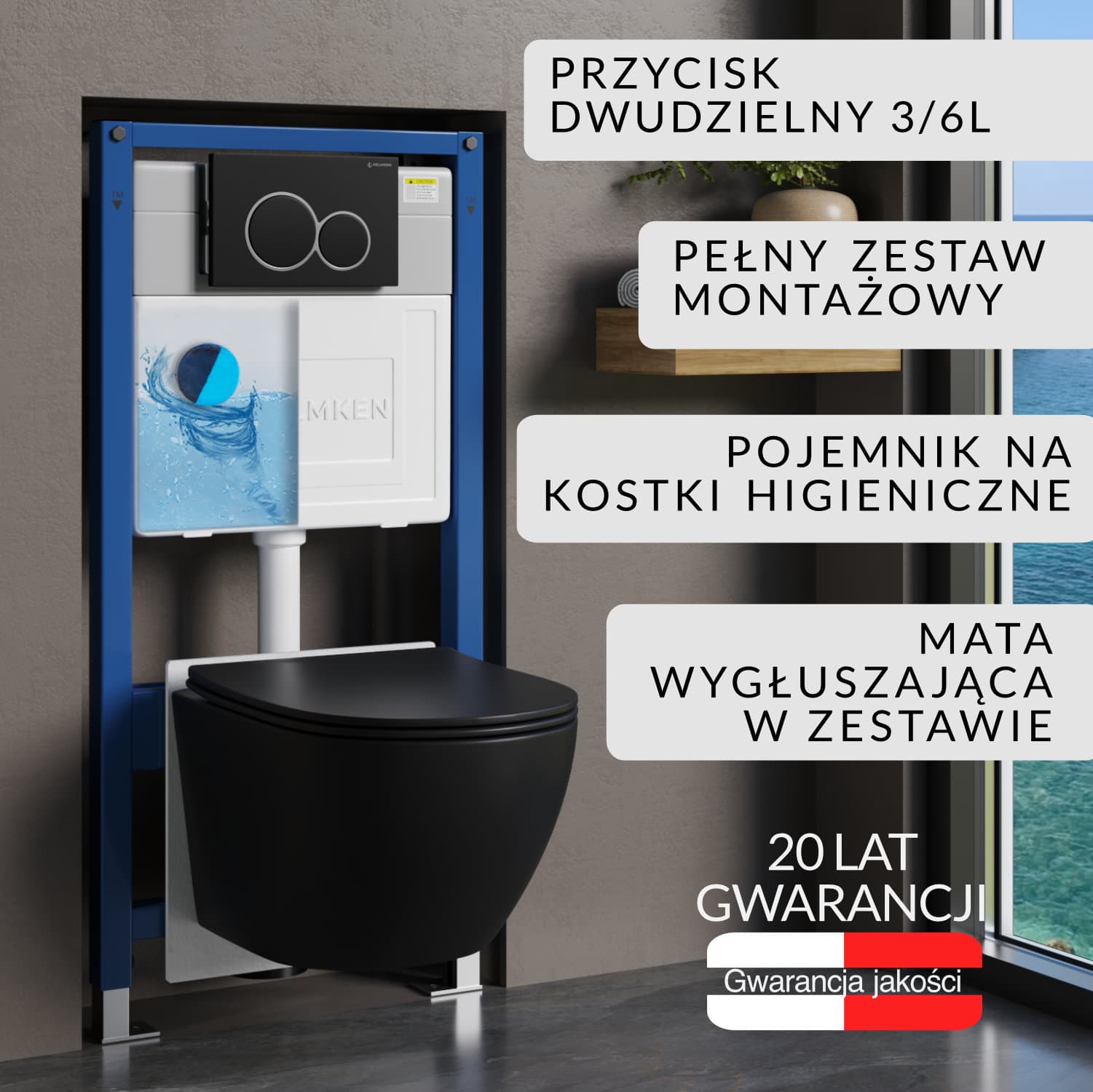 Stelaż podtynkowy WC Helmken 35103001B Zestaw 6w1: Czarny Mat Przycisk (E), Miska bezkołnierzowa Rimless (Matowa Czarna), Deska wolnoopadająca, Pojemnik na kostki higieniczne, Mata
