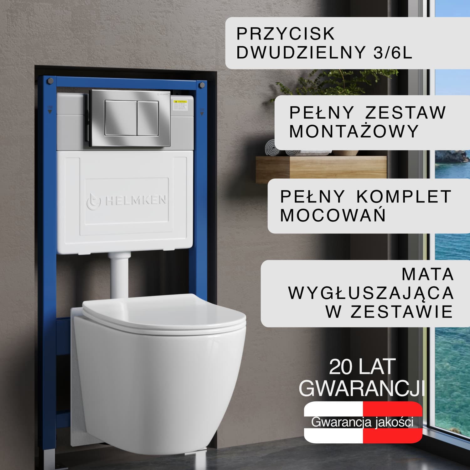 Zestaw podtynkowy WC Helmken 5w1: Przycisk Chrom (J), Miska bezkołnierzowa Rimless 35490101, Deska wolnoopadająca, Mata