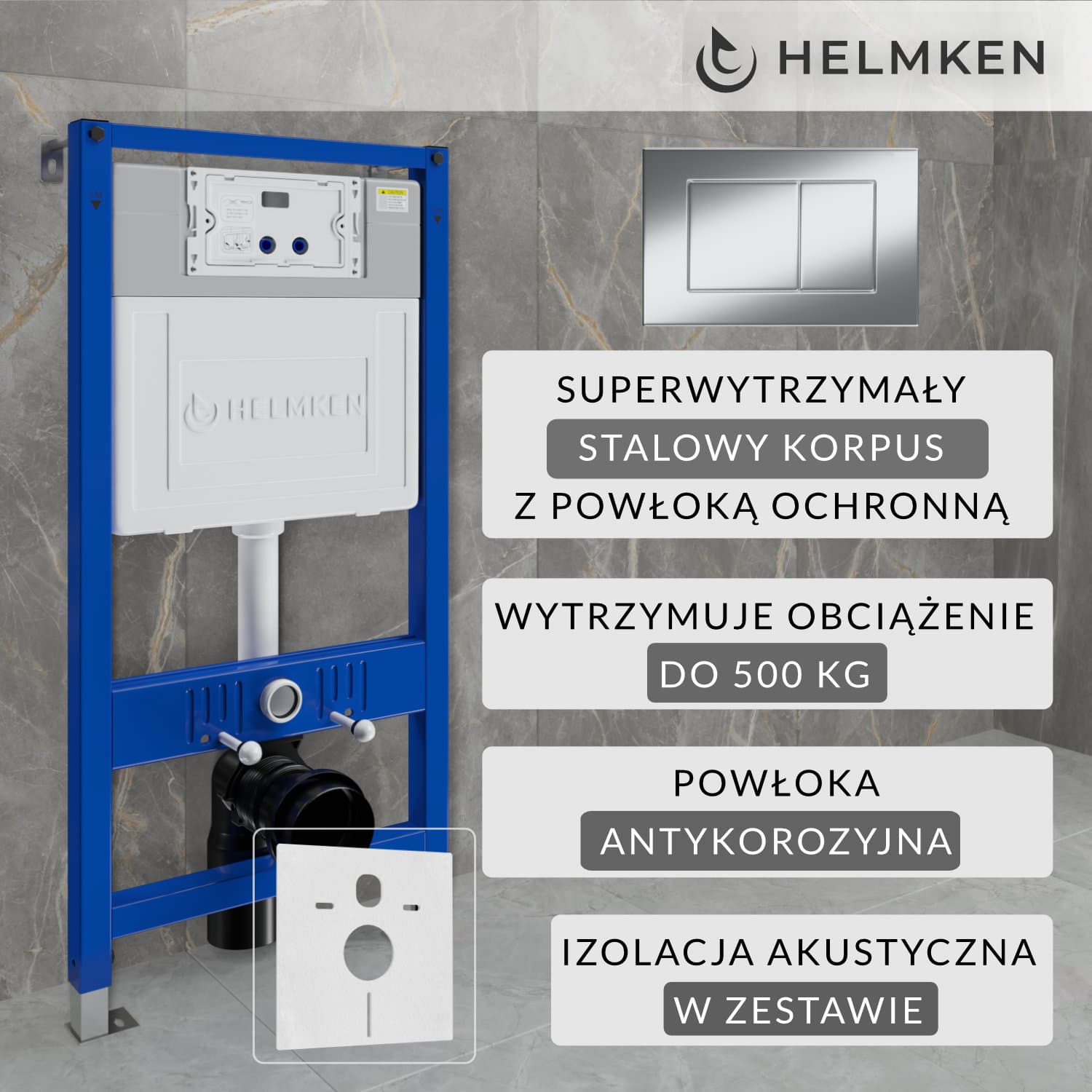 Stelaż podtynkowy WC Helmken Zestaw 3w1: Stelaż podtynkowy, Przycisk Chrom (J) , Mata wygłuszająca