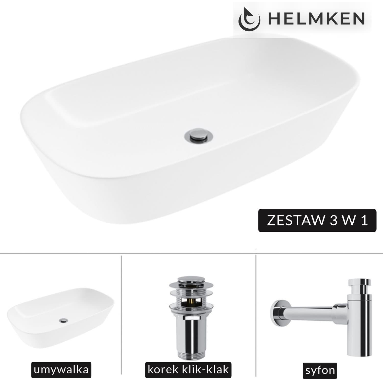 Umywalka nablatowa Helmken 39370000 (70x38) Biała + Syfon Chrom + Korek klik-klak Chrom