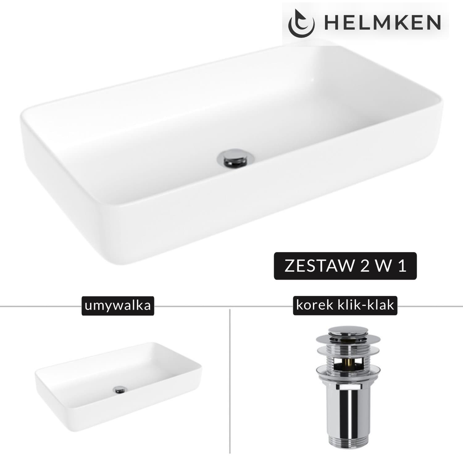Umywalka nablatowa Helmken 48760000 (60x34) Biała + Korek klik-klak Chrom