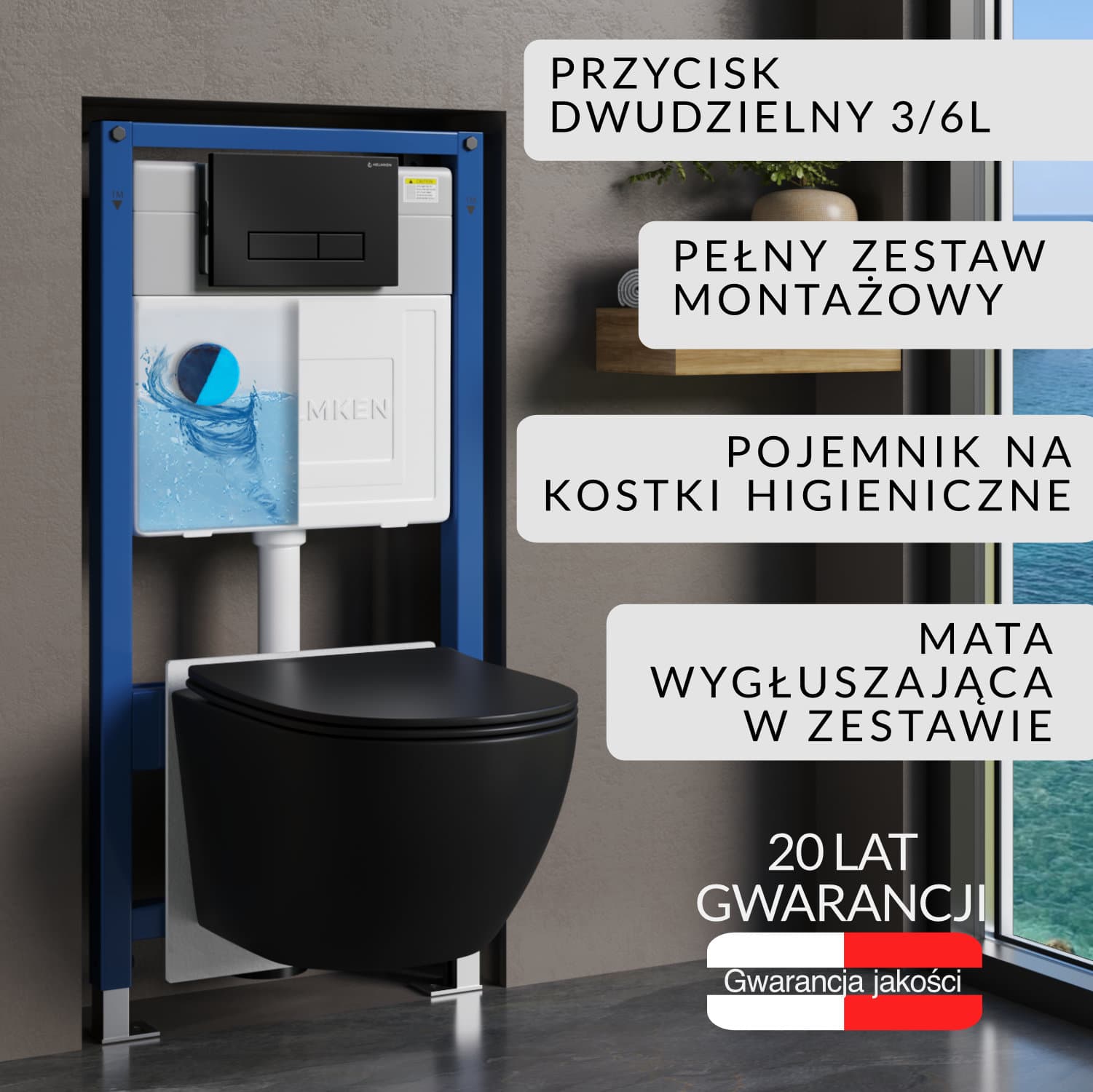 Stelaż podtynkowy WC Helmken 35103001B Zestaw 6w1: Czarny Mat Przycisk (HD), Miska bezkołnierzowa Rimless (Matowa Czarna), Deska wolnoopadająca, Pojemnik na kostki higieniczne, Mata