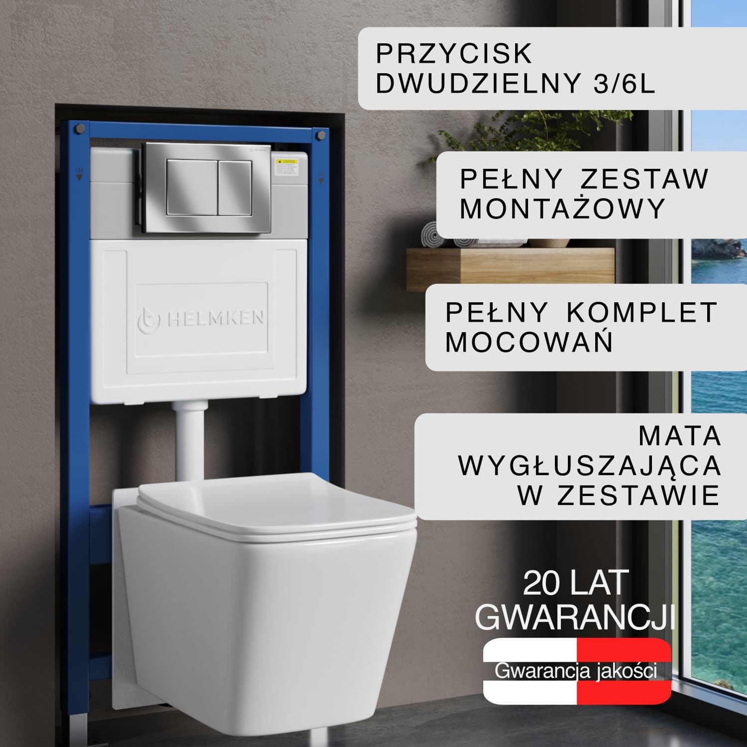 Zestaw podtynkowy WC Helmken 5w1: Przycisk Chrom (J), Miska bezkołnierzowa Rimless 35120001, Deska wolnoopadająca, Mata