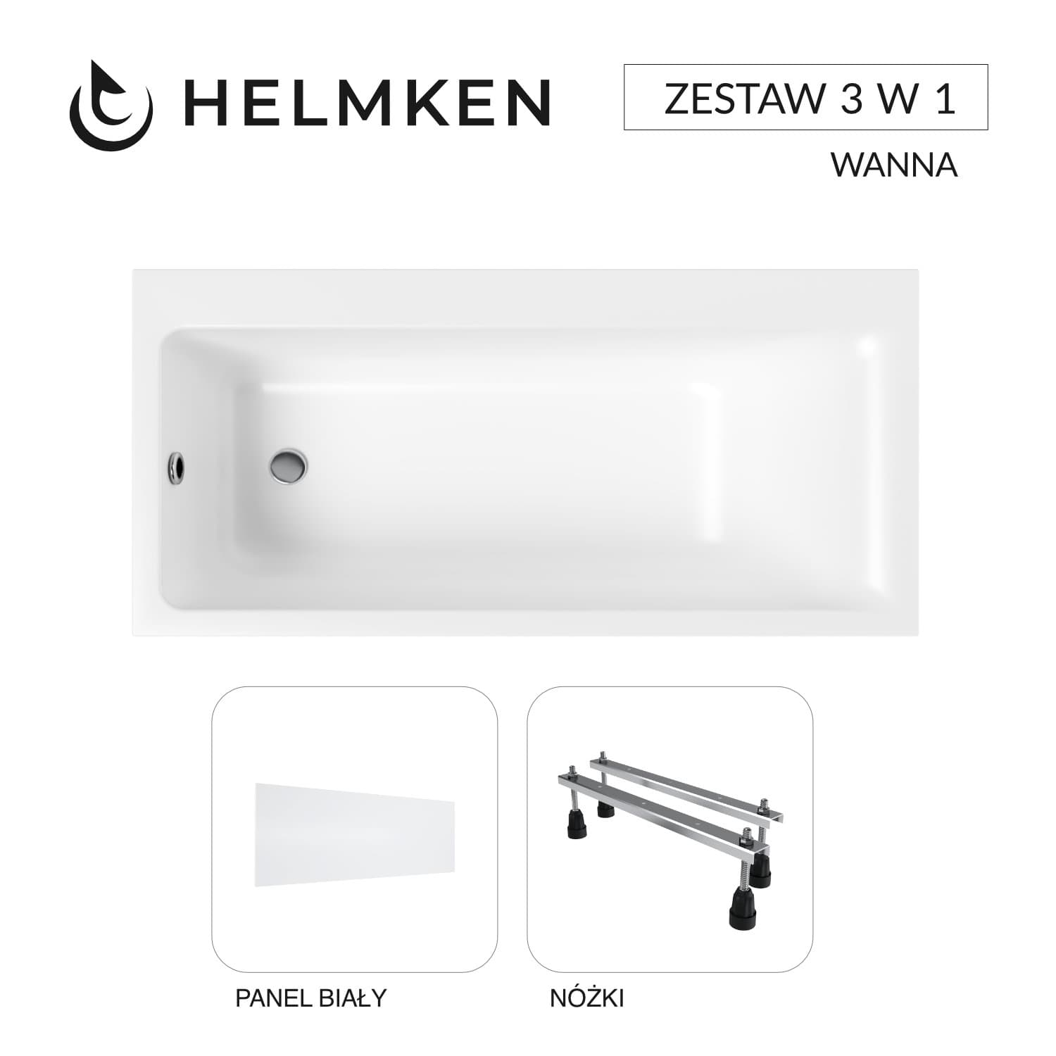 Wanna akrylowa Helmken Seraphina 160x80 LEWA z akrylu lanego, ze wzmocnionym korpusem + Panel biały + Nóżki / 3512160L