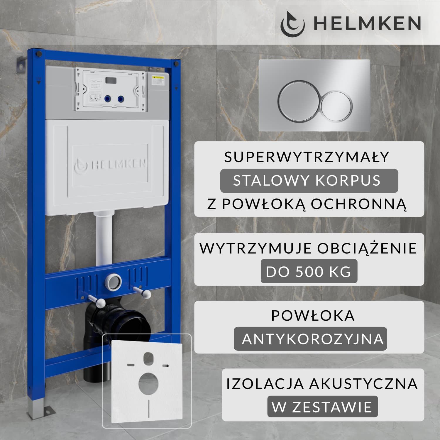 Stelaż podtynkowy WC Helmken Zestaw 3w1: Stelaż podtynkowy, Przycisk Chrom (E) , Mata wygłuszająca