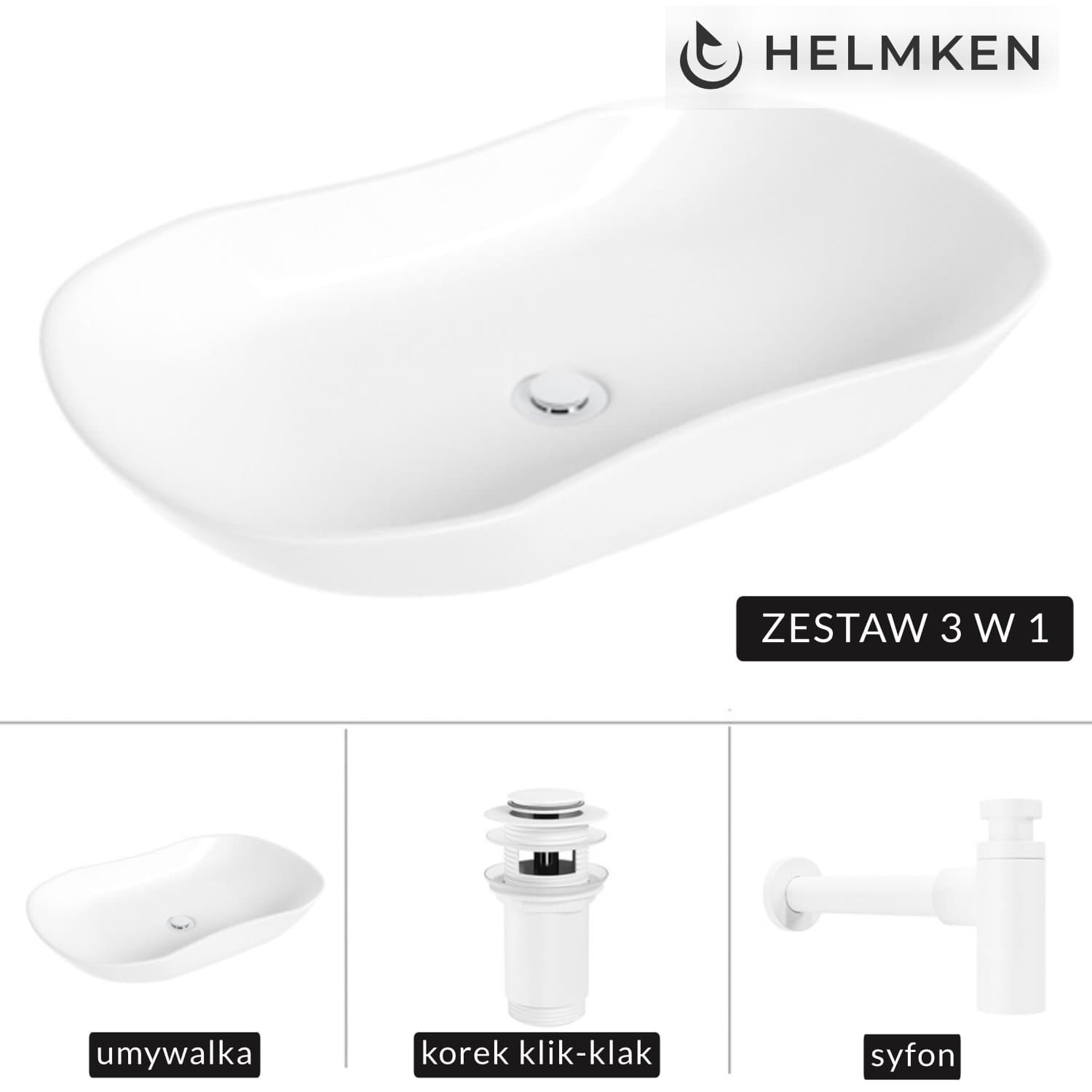 Umywalka nablatowa Helmken 57066000 (66x41) Biała + Syfon Biały + Korek klik-klak Biały