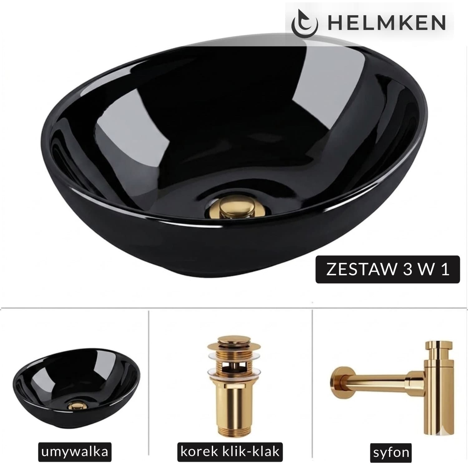 Umywalka nablatowa Helmken 65241001 (41x34) Czarna + Syfon Złoty + Korek klik-klak Złoty