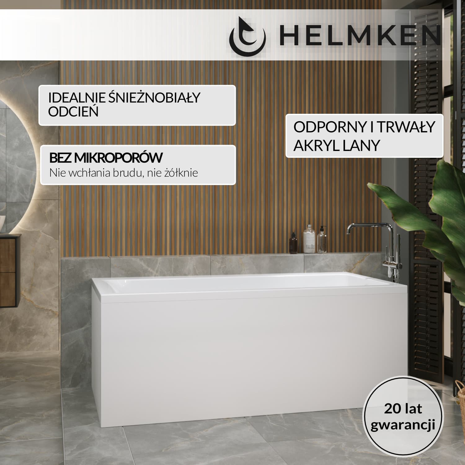 Wanna akrylowa Helmken Seraphina 170x80 PRAWA + Panel Biały + Stelaż uniwersalny do wanien Helmken 21230020 / 3512170R-3S