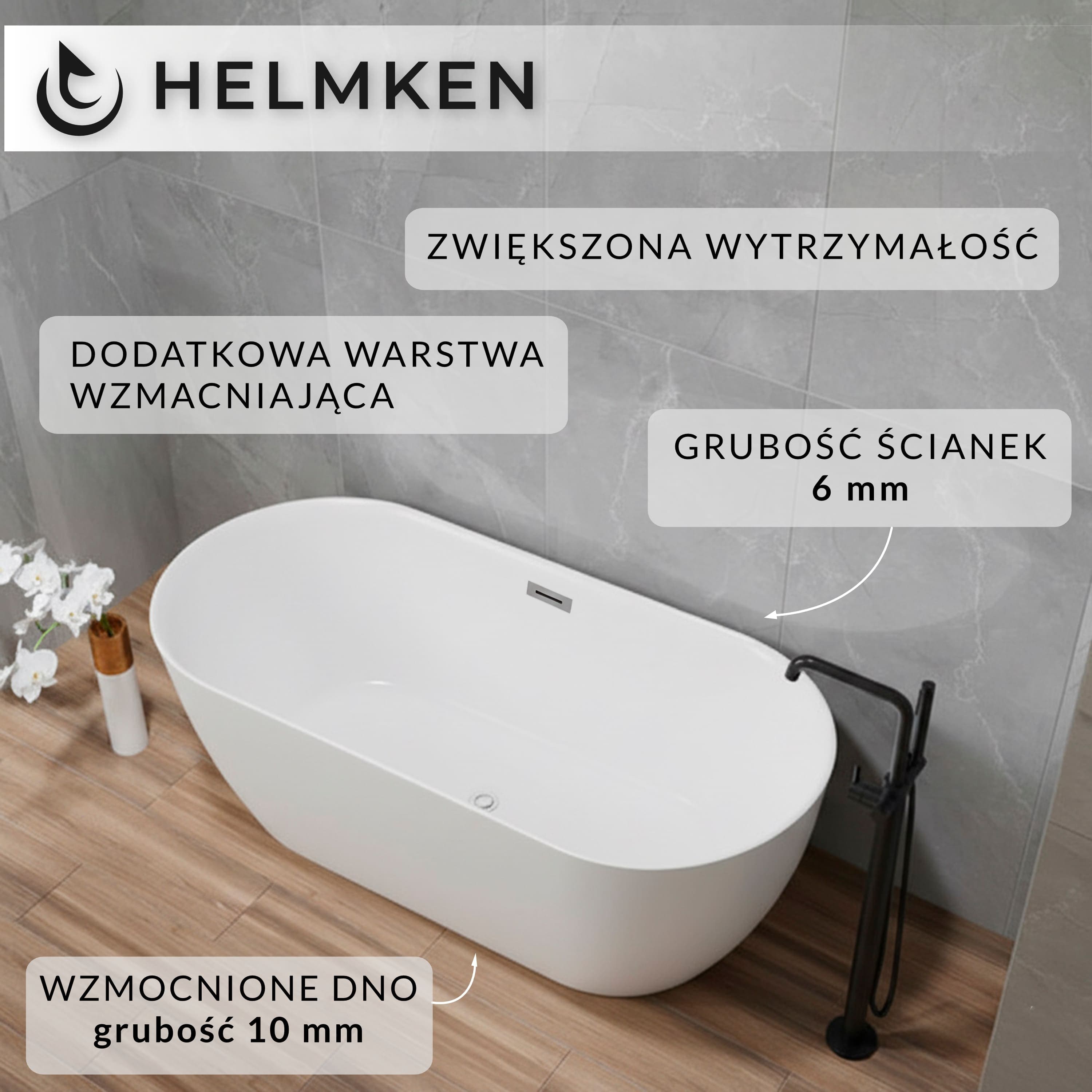 Wanna wolnostojąca akrylowa Helmken Cove 160 x 75 + Nóżki + Syfon z korkiem klik-klak / 31560160