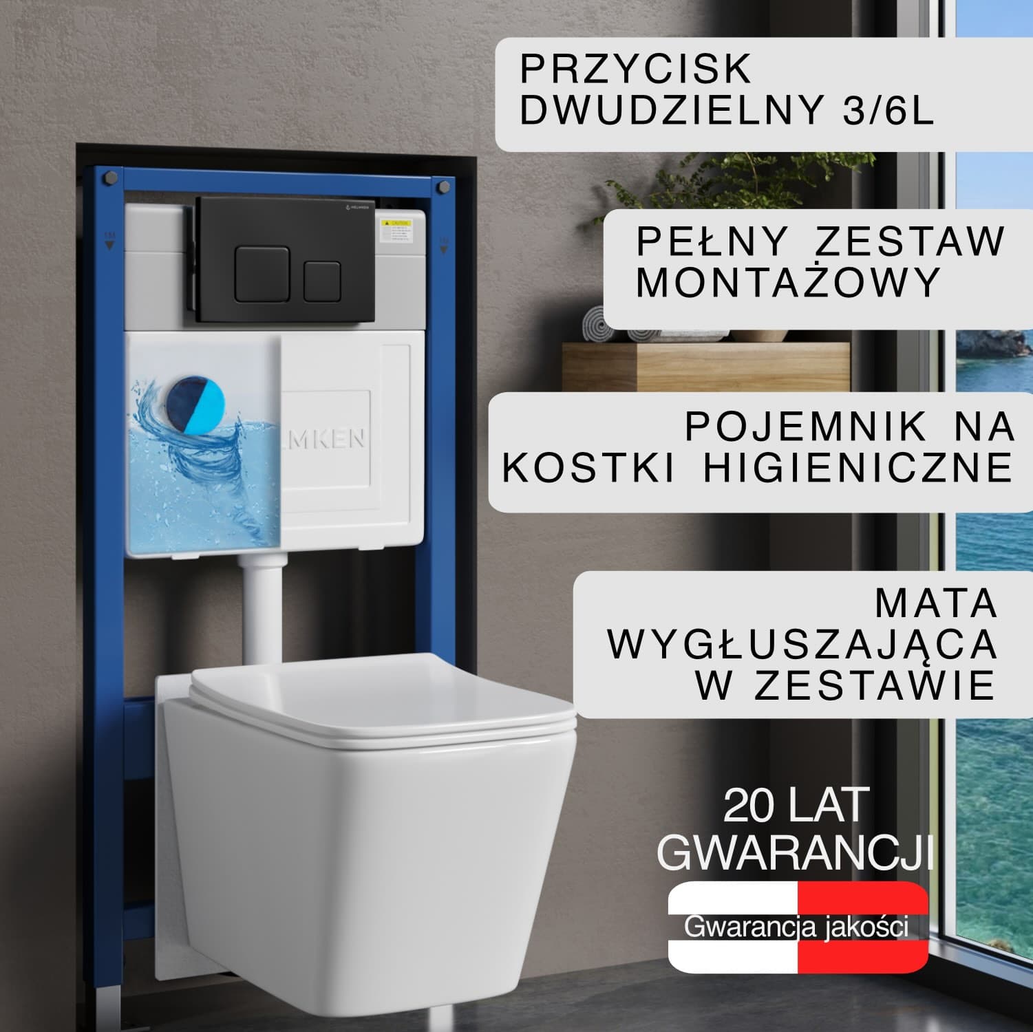 Stelaż podtynkowy WC Helmken 35120001 Zestaw 6w1: Przycisk Czarny Mat (F), Miska bezkołnierzowa Rimless, Deska wolnoopadająca, Pojemnik na kostki higieniczne, Mata