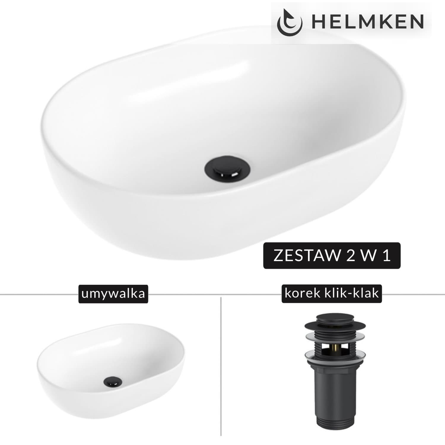 Umywalka nablatowa Helmken 83648000 (48x34) Biała + Korek klik-klak Czarny Mat