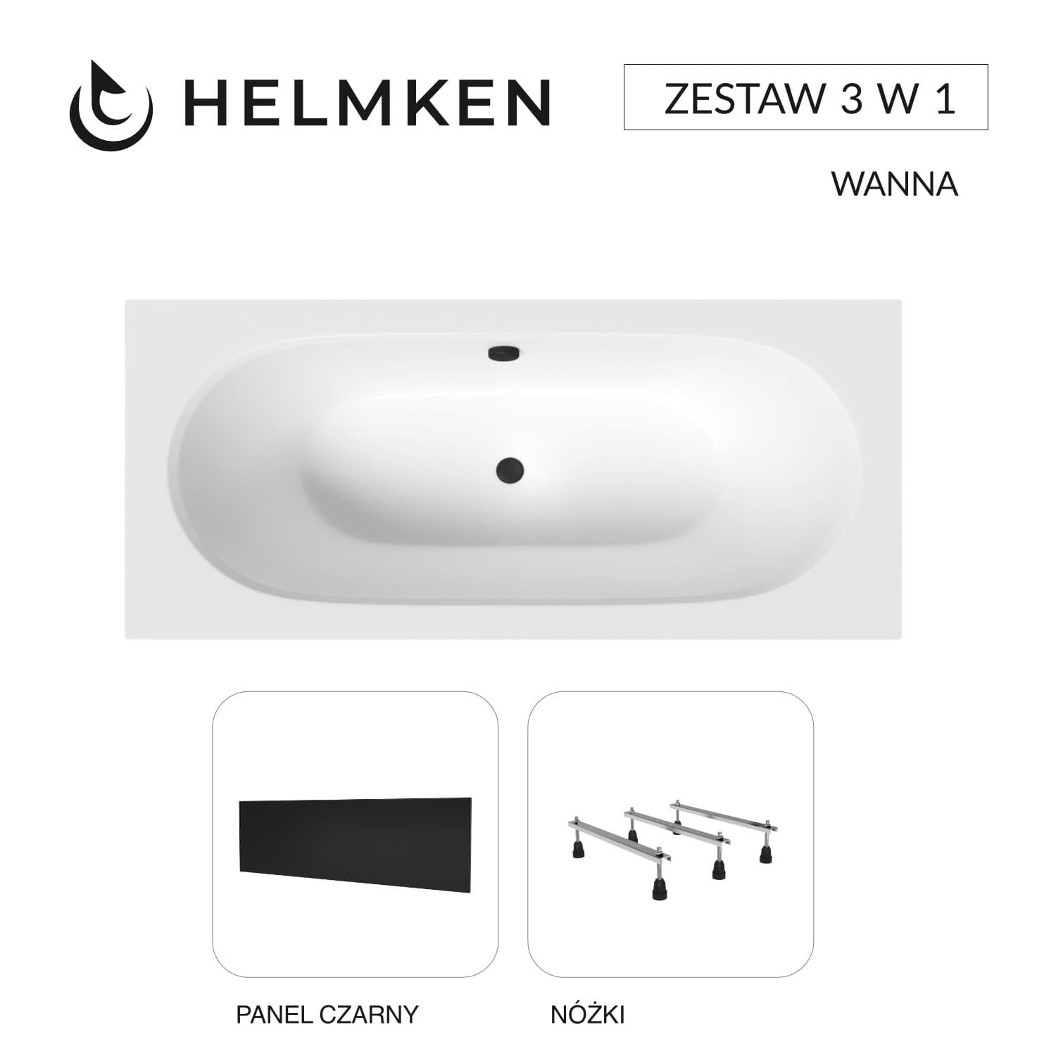 Wanna akrylowa Helmken Vienna 180 х 80 + Panel czarny + Nóżki / 23099004