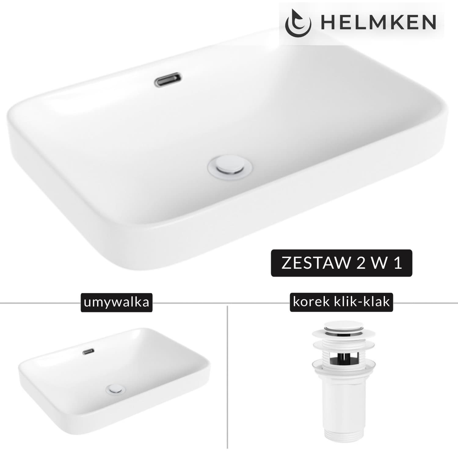 Umywalka nablatowa Helmken 441A52000 (52x36) Biała + Korek klik-klak Biały