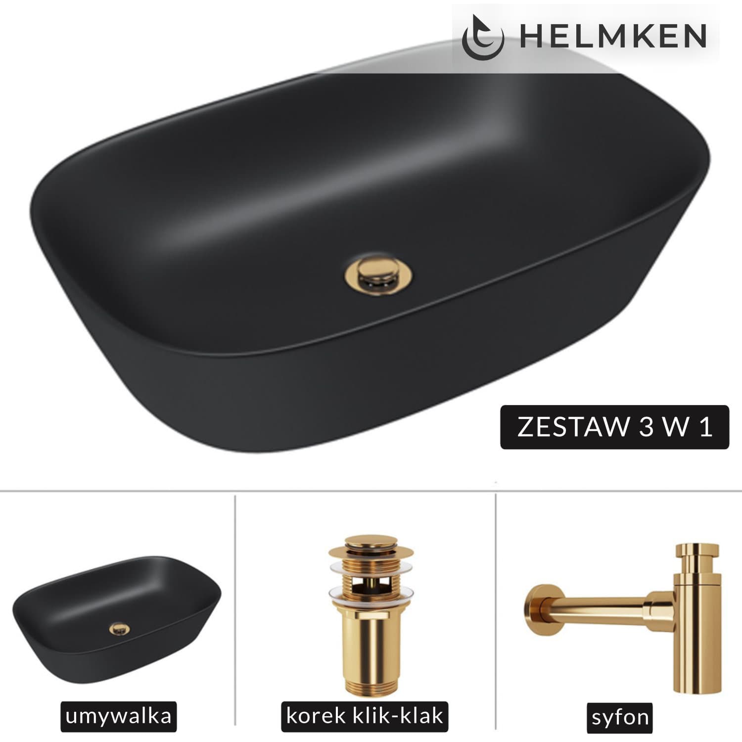 Umywalka nablatowa Helmken 39360001 (60x38) Czarna + Syfon Złoty + Korek klik-klak Złoty