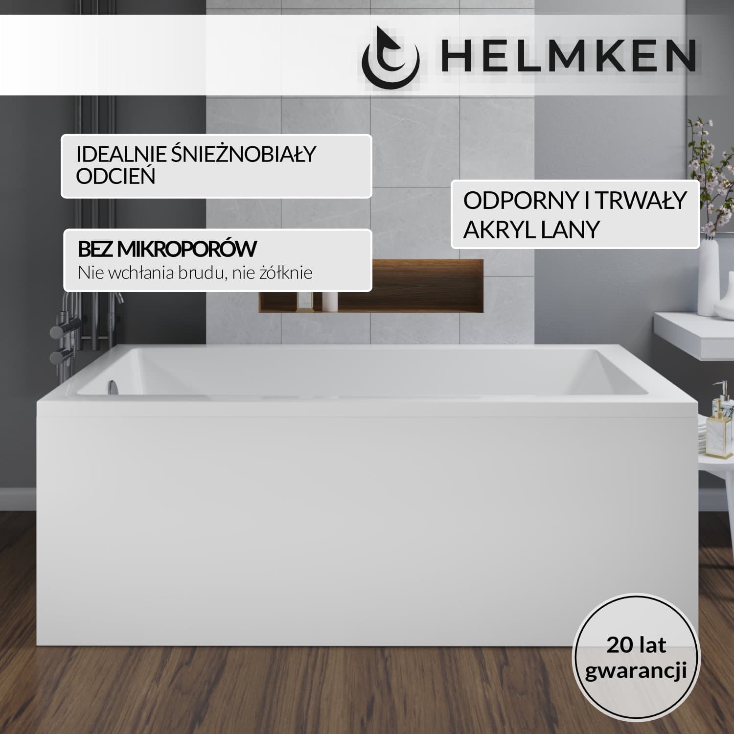 Wanna akrylowa Helmken Athena 170x80 + Panel Biały + Stelaż uniwersalny do wanien Helmken 21230020 / 35090080-3S