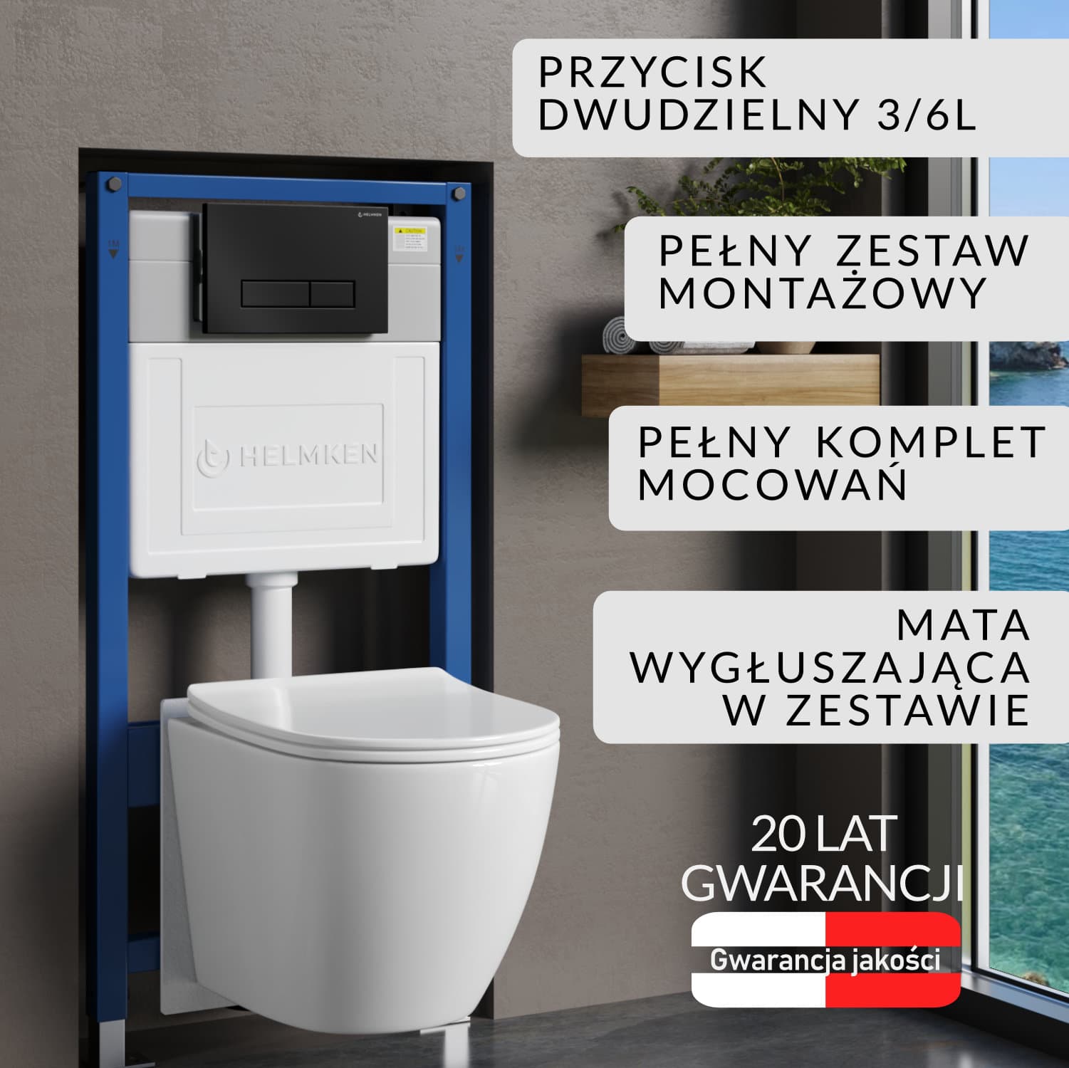 Zestaw podtynkowy WC Helmken 5w1: Czarny Mat Przycisk HD, Miska bezkołnierzowa Rimless 35490101, Deska wolnoopadająca, Mata