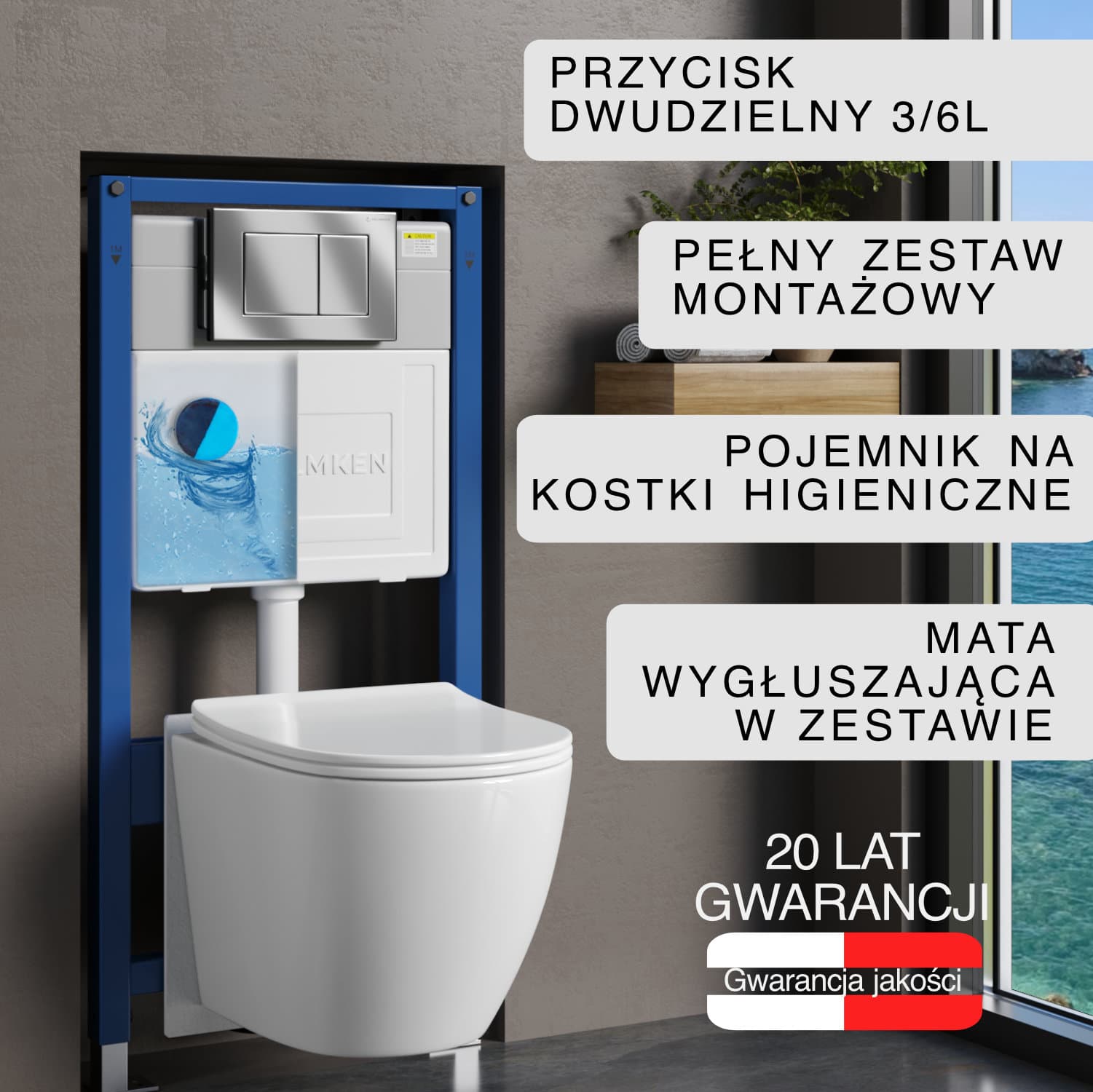 Stelaż podtynkowy WC Helmken 35490101 Zestaw 6w1: Przycisk Chrom (J), Miska bezkołnierzowa Rimless, Deska wolnoopadająca, Pojemnik na kostki higieniczne, Mata