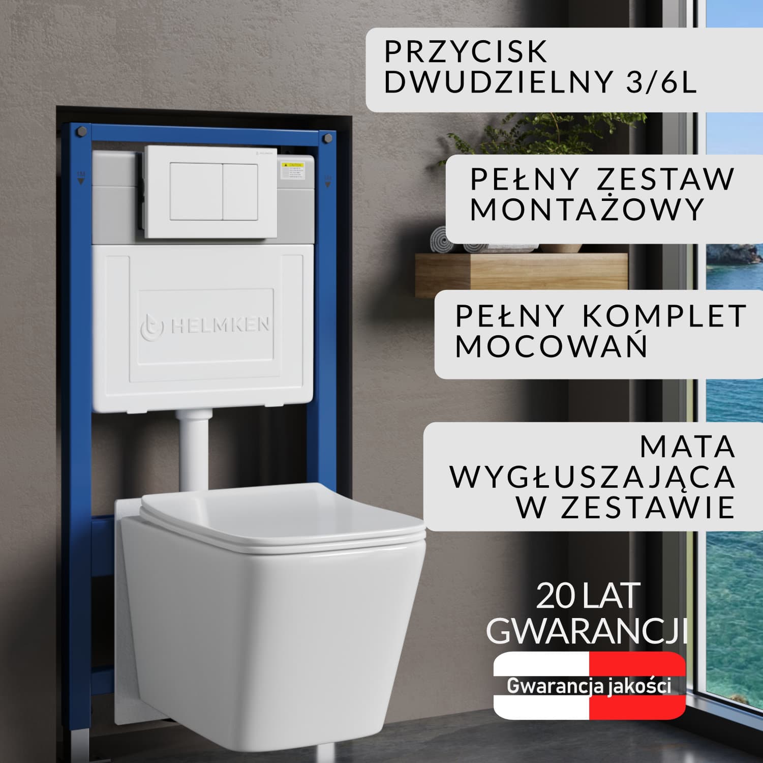 Zestaw podtynkowy WC Helmken 5w1: Przycisk Biały (J), Miska bezkołnierzowa Rimless 35120001, Deska wolnoopadająca, Mata