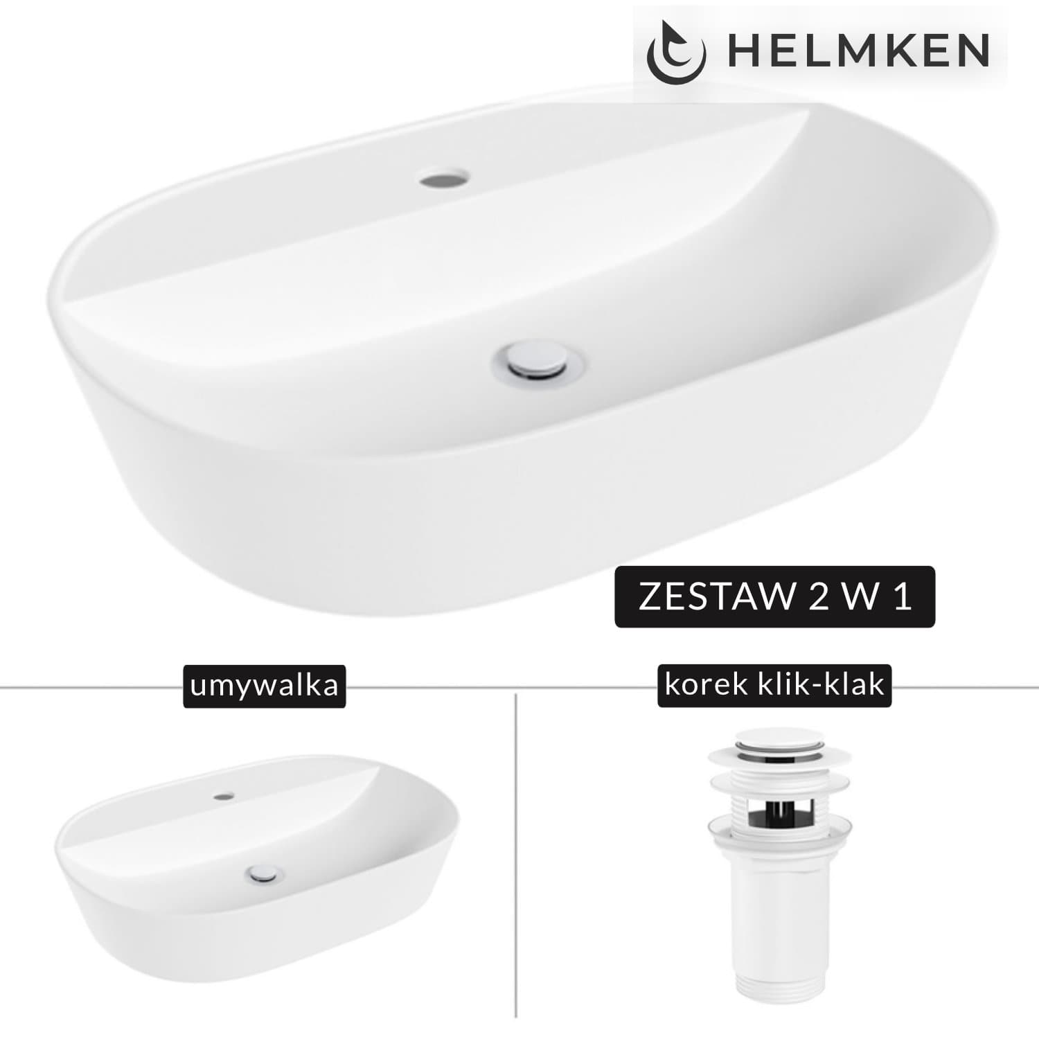 Umywalka nablatowa Helmken 46060000 (60x40) Biała + Korek klik-klak Biały