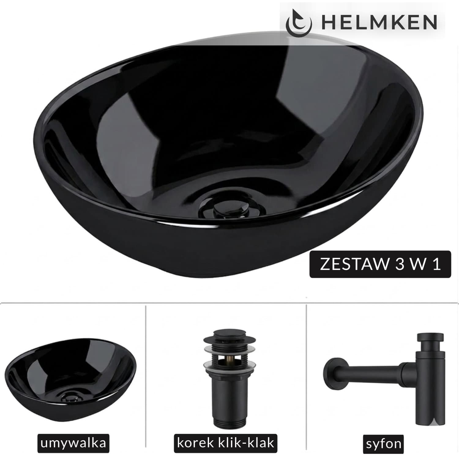 Umywalka nablatowa Helmken 65241001 (41x34) Czarna + Syfon Czarny Mat + Korek klik-klak Czarny Mat