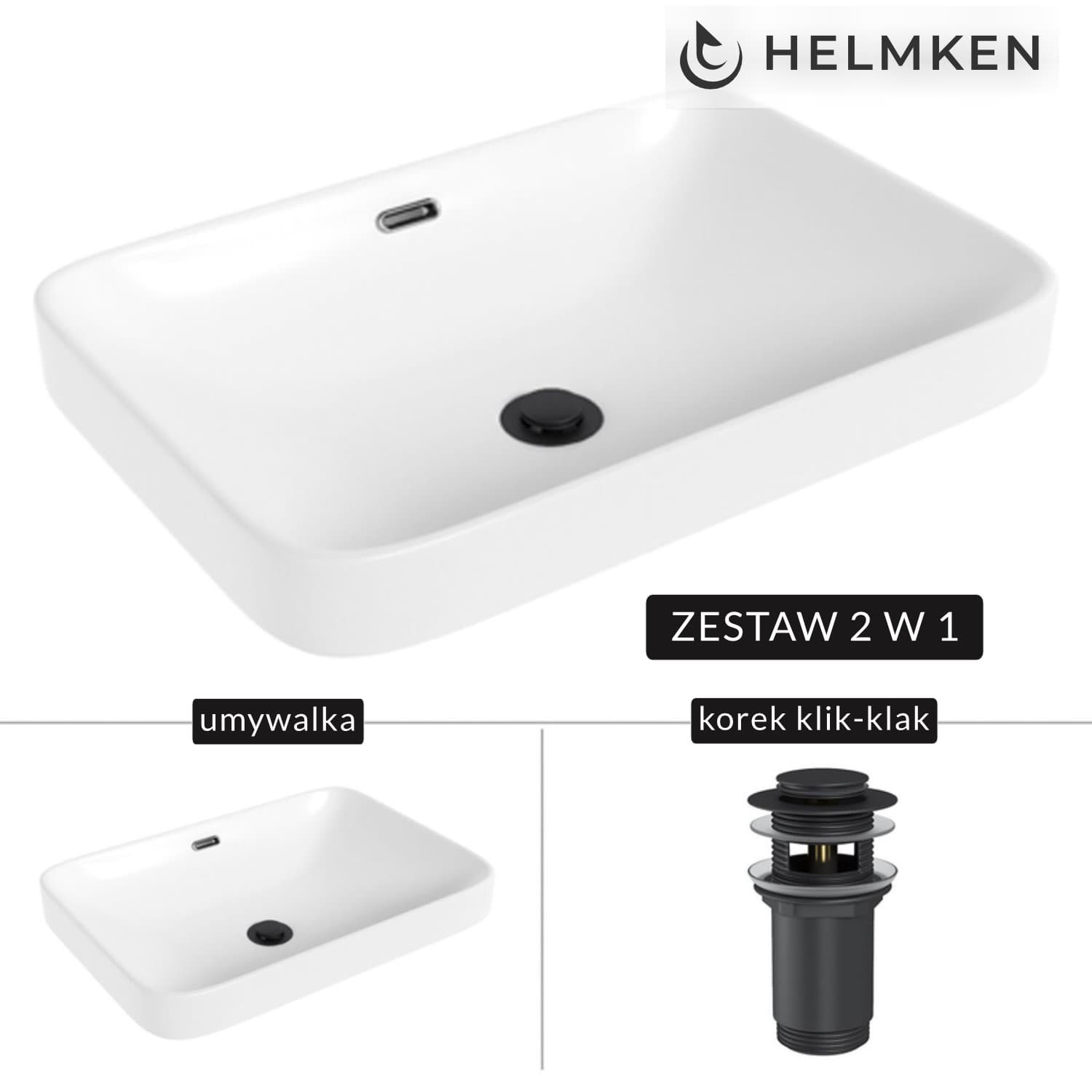 Umywalka nablatowa Helmken 441A52000 (52x36) Biała + Korek klik-klak Czarny Mat