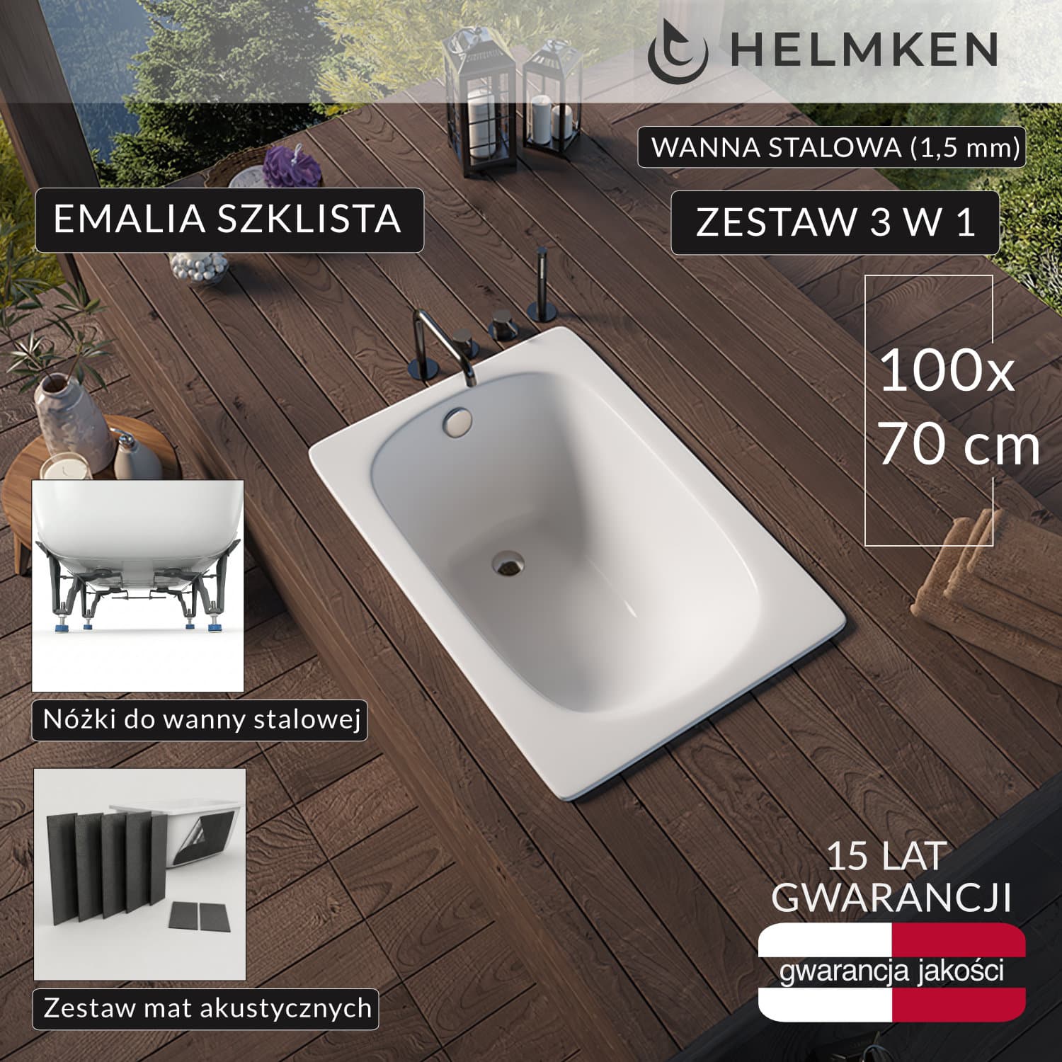 Wanna prostokątna stalowa (1,5 mm) Helmken TIVA 100 / XGB1100, 100 x 70 сm + Nóżki + Zestaw mat akustycznych