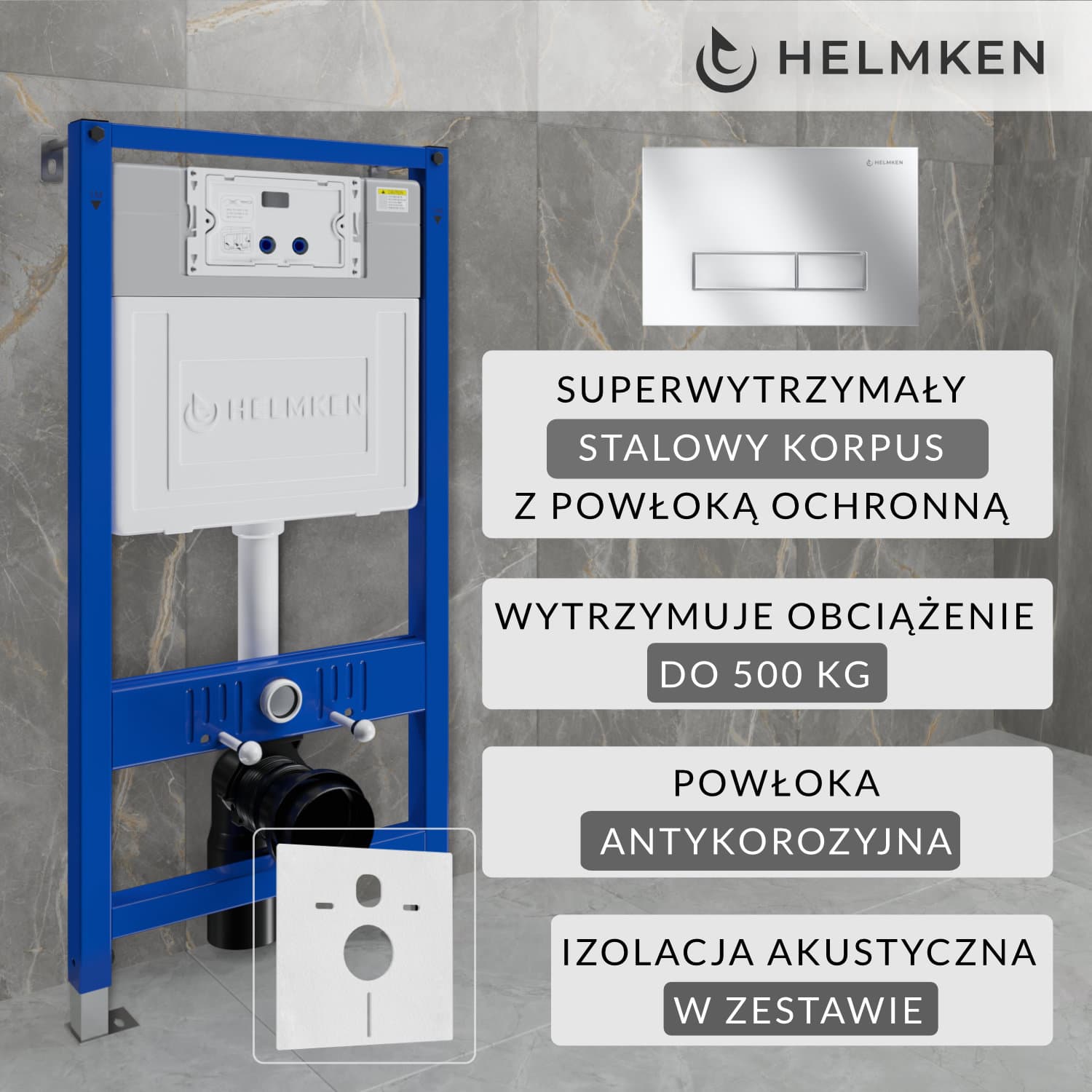Stelaż podtynkowy WC Helmken Zestaw 3w1: Stelaż podtynkowy, Przycisk Satyna (HD) , Mata wygłuszająca