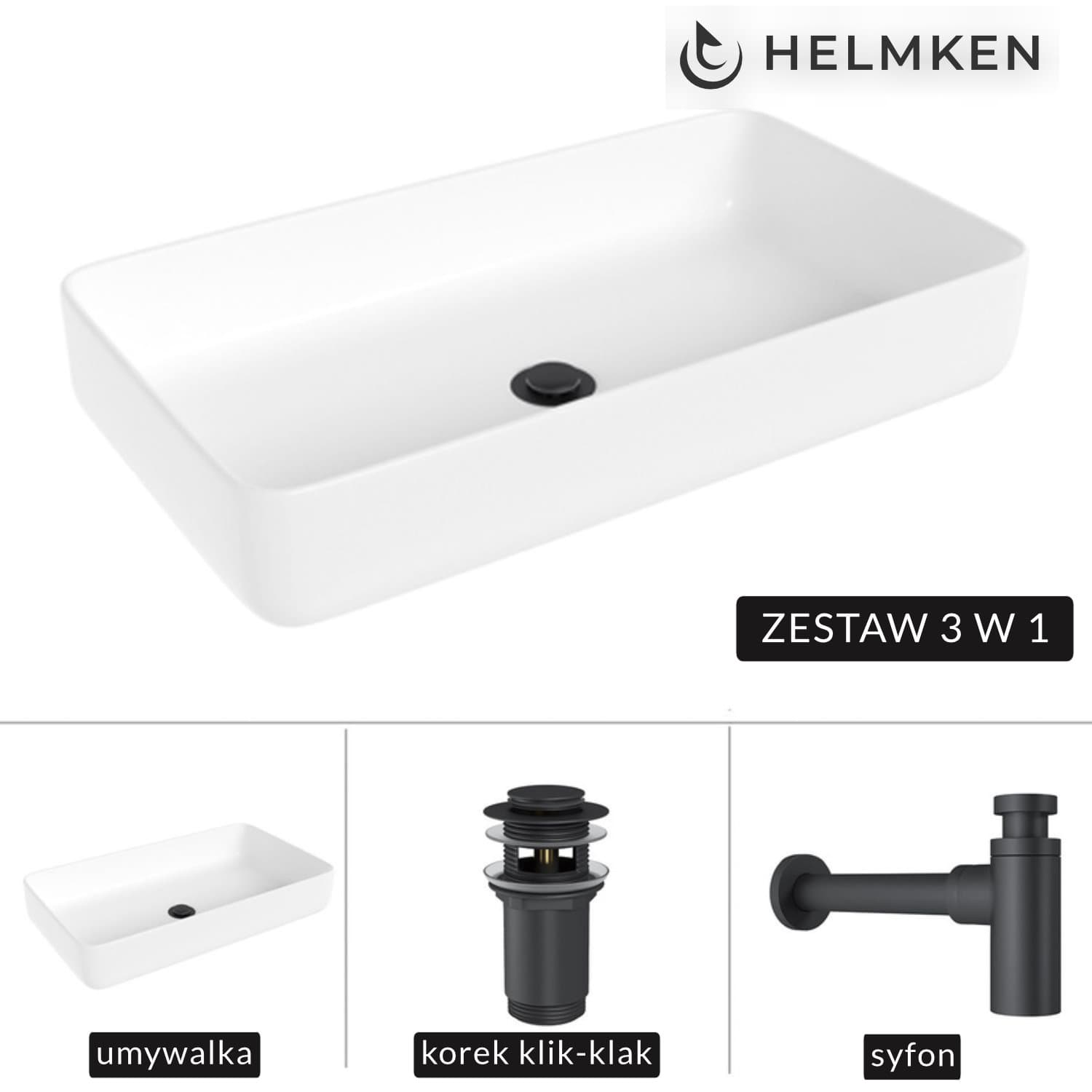Umywalka nablatowa Helmken 48760000 (60x34) Biała + Syfon Czarny Mat + Korek klik-klak Czarny Mat