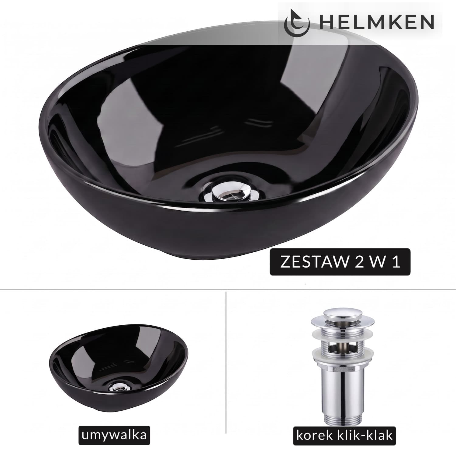 Umywalka nablatowa Helmken 65241001 (41x34) Czarna + Korek klik-klak Chrom