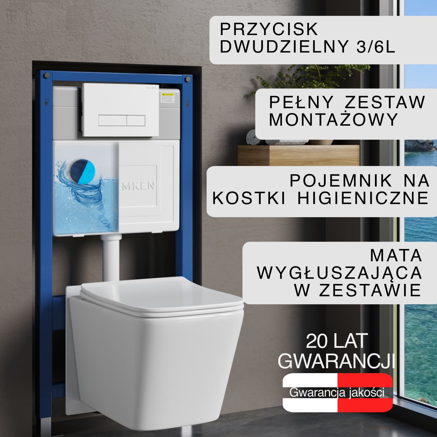 Stelaż podtynkowy WC Helmken 35120001 Zestaw 6w1: Biały przycisk (HD), Miska bezkołnierzowa Rimless, Deska wolnoopadająca, Pojemnik na kostki higieniczne, Mata