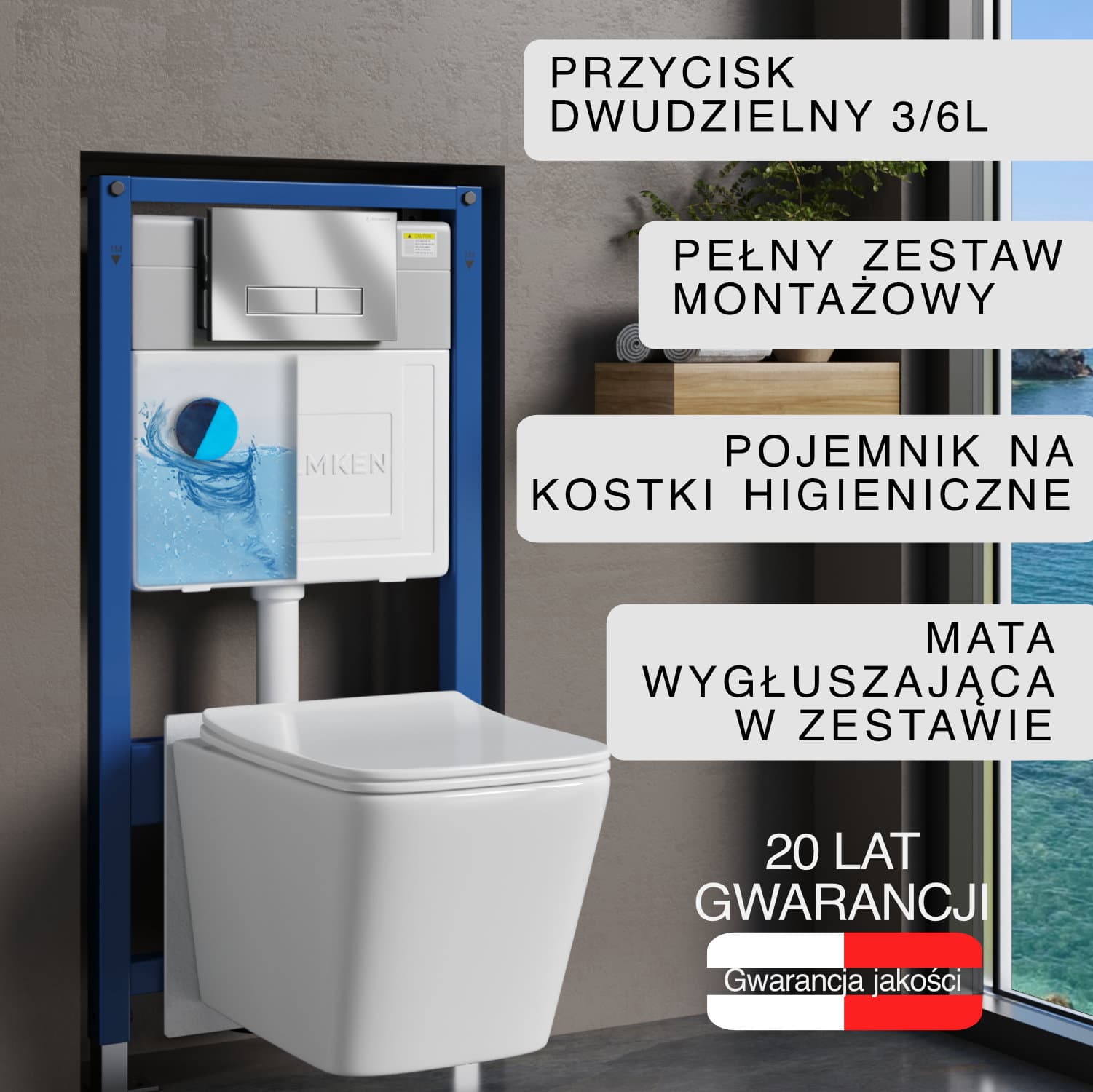 Stelaż podtynkowy WC Helmken 35120001 Zestaw 6w1: Przycisk Satуna (HD), Miska bezkołnierzowa Rimless, Deska wolnoopadająca, Pojemnik na kostki higieniczne, Mata