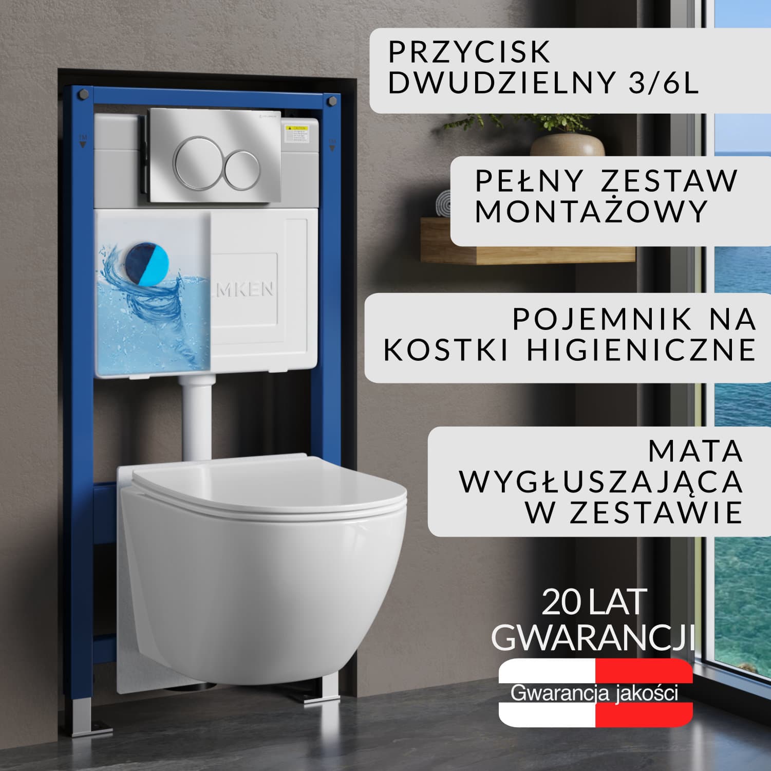 Zestaw podtynkowy WC Helmken 6w1: Stelaż, Satyna (E) Przycisk, Miska bezkołnierzowa Rimless 35103001, Deska wolnoopadająca, Pojemnik na kostki higieniczne, Mata